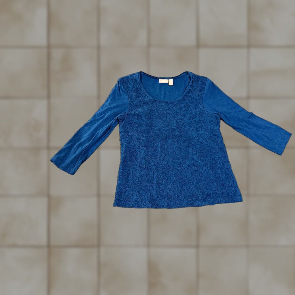 Vintage Chico's Blouse Shirt Womens 0 Blue Textured Long Sleeve Round Neck Pullover Casual Stretch Size XS / US 0-2 / IT 36-38 - 1 Thumbnail