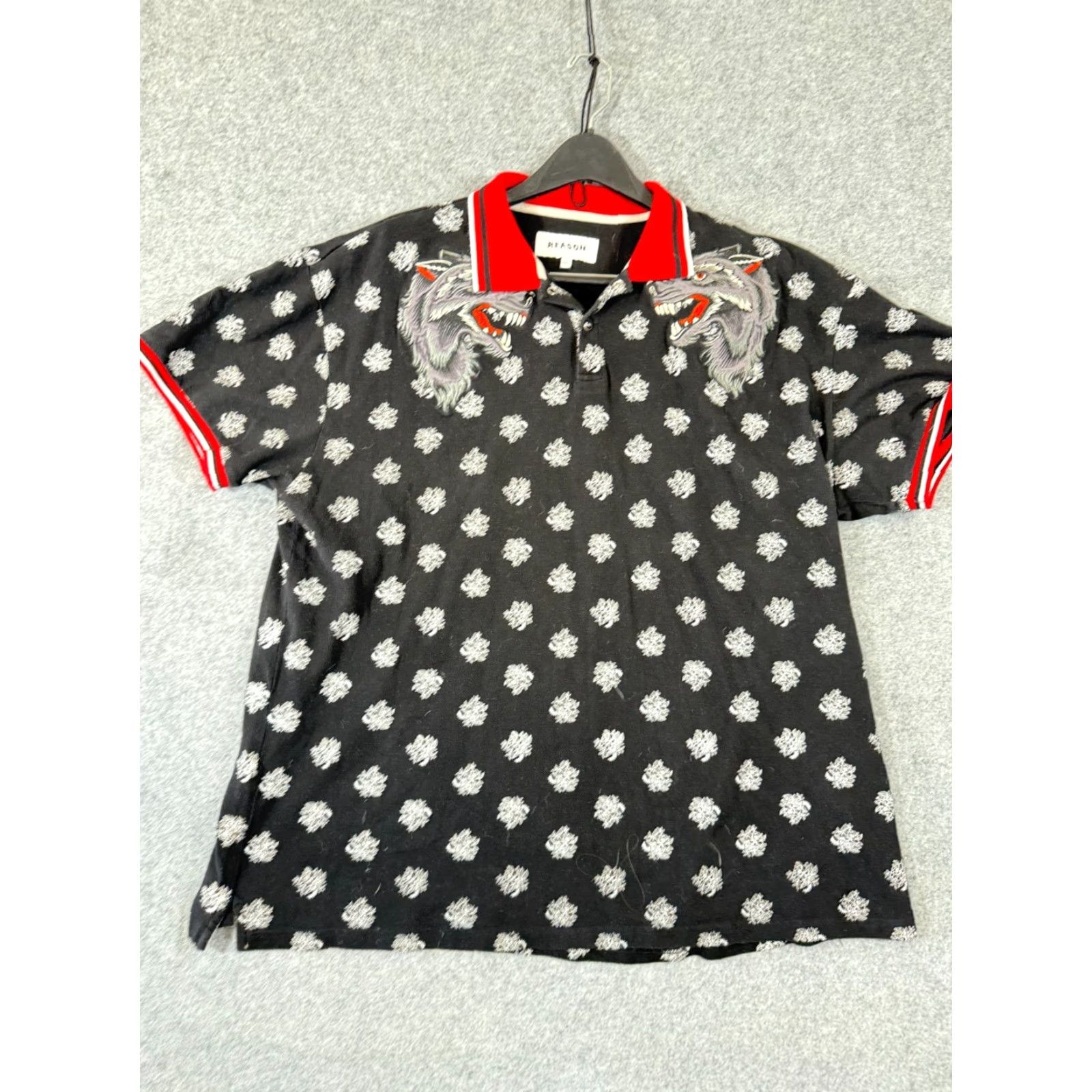 Reason Reason Polo Shirt Mens 3XL Red Black Wolf Floral Printed Snap Short Sleeve Size US XXL / EU 58 / 5 - 4 Thumbnail