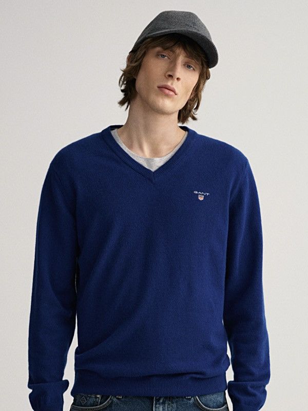 Gant Gant Mens Blue Super Fine Lambswool V-Neck Knit Sweater Size US L / EU 52-54 / 3 - 1 Thumbnail
