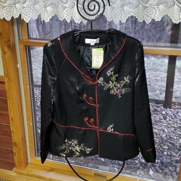 Japanese Brand BAIFU Mandarin Style Colorful Floral Embroidered Sz XXL Blac Size XXL / US 16-18 / IT 52-54 - 2 Thumbnail