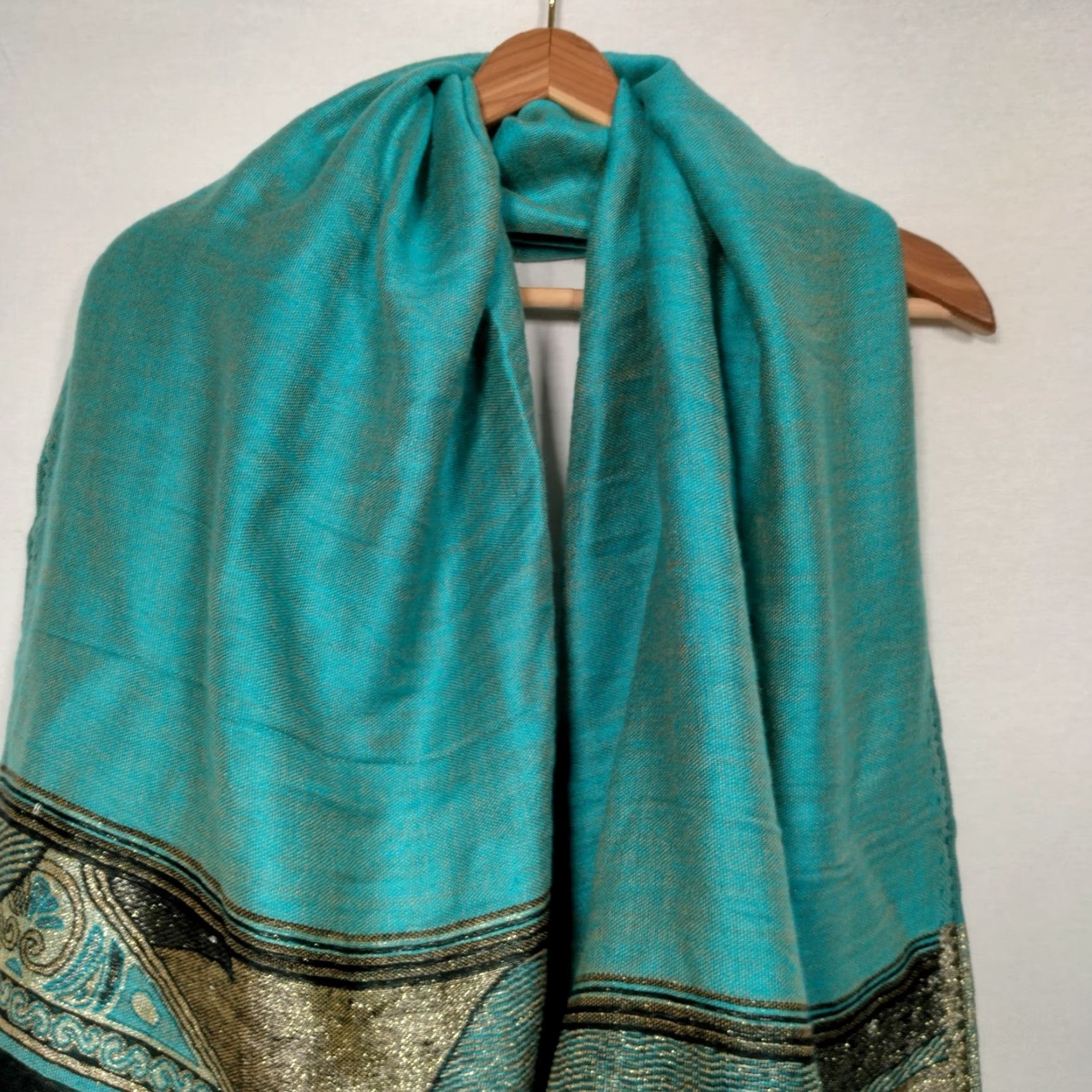Vintage VINTAGE Cashmere Scarf Woven Turquoise Blue Black Metallic Gold Artsy Boho Wrap Fringe Unisex 75.5x27 Inches Size ONE SIZE - 4 Thumbnail