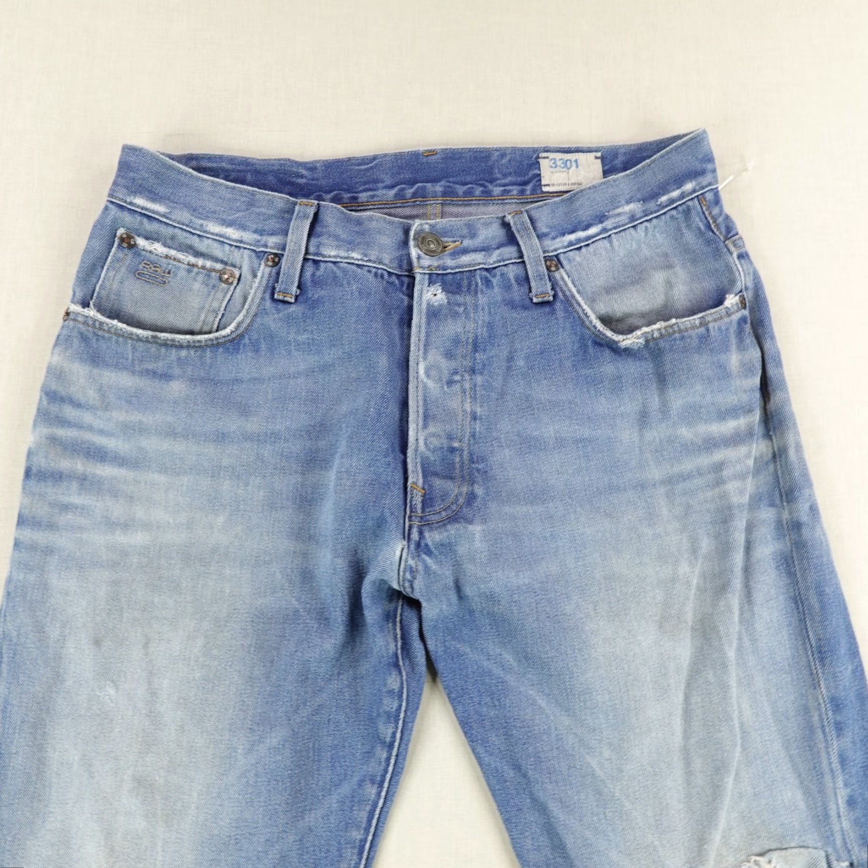 G-Star G-Star 3301 Jeans - Denim Bootcut Distressed Button Fly - Mens 34x26 Blue Denim Size US 33 - 2 Thumbnail