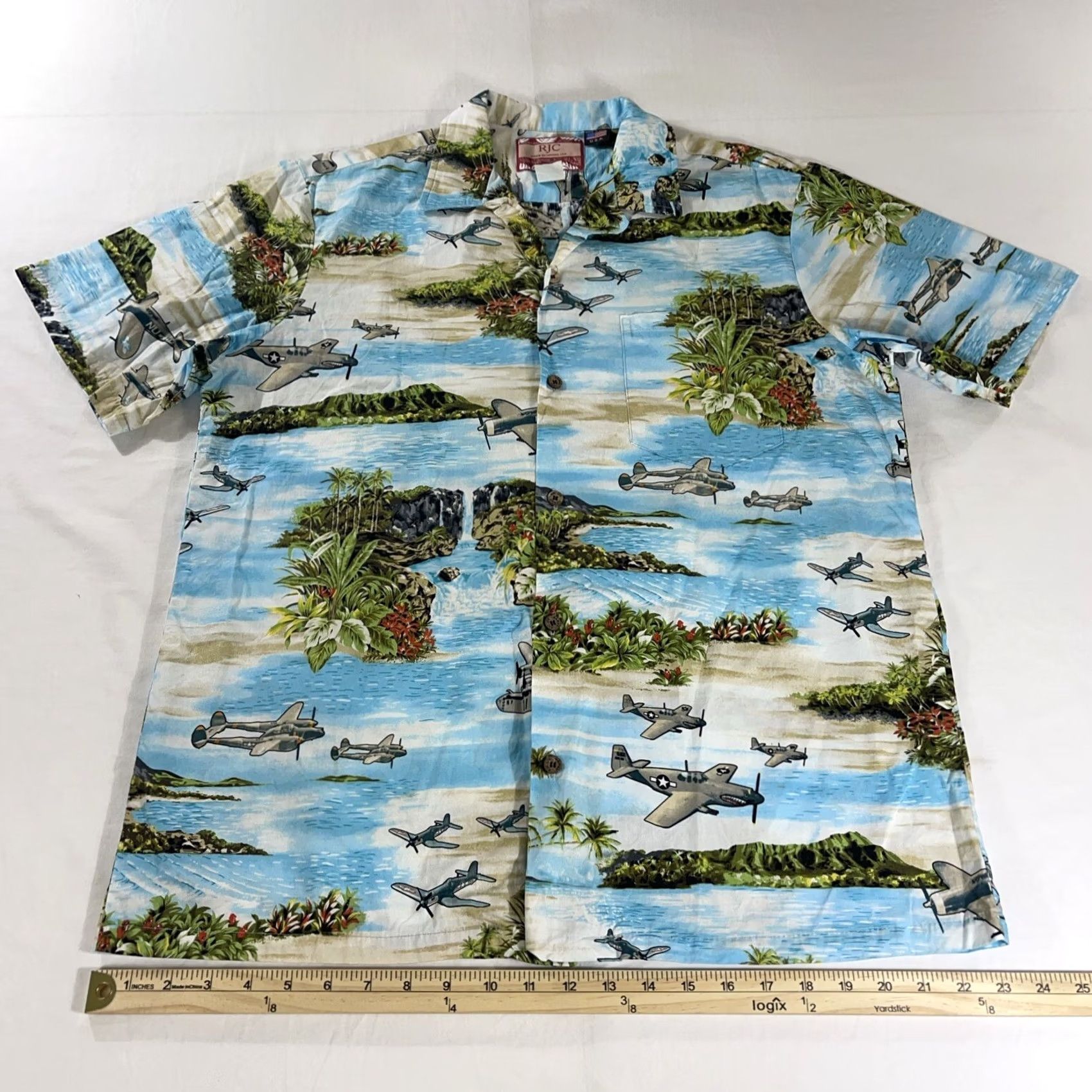 Vintage RJC Hawaiian Button Shirt World War II AOP Fighter Bomber Airplanes WW2 WWII Button-Up Short Sleeve Men's L Blue Cotton Shirt Size US L / EU 52-54 / 3 - 6 Thumbnail