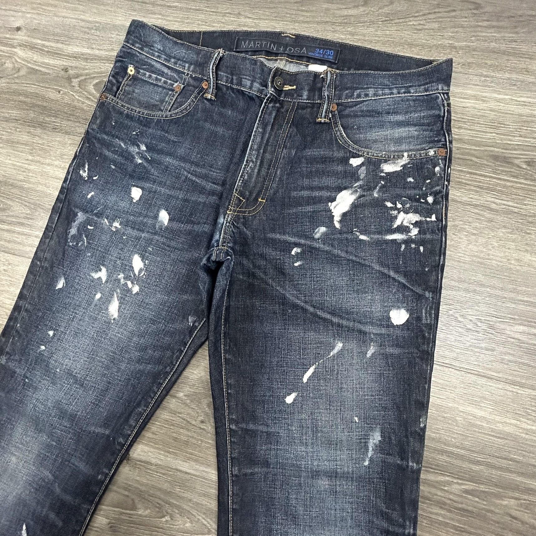 Denime VINTAGE Martin + Osa Jeans Slim 36x31 Dark Wash Denim Distressed Paint Splatter Retro Mens Size US 36 / EU 52 - 4 Thumbnail