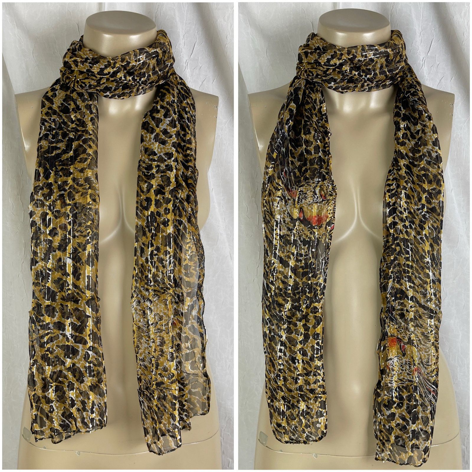 Vintage VTG Leopard Print Sheer Scarf Striped Silver Brown Black Red Size ONE SIZE - 1 Thumbnail