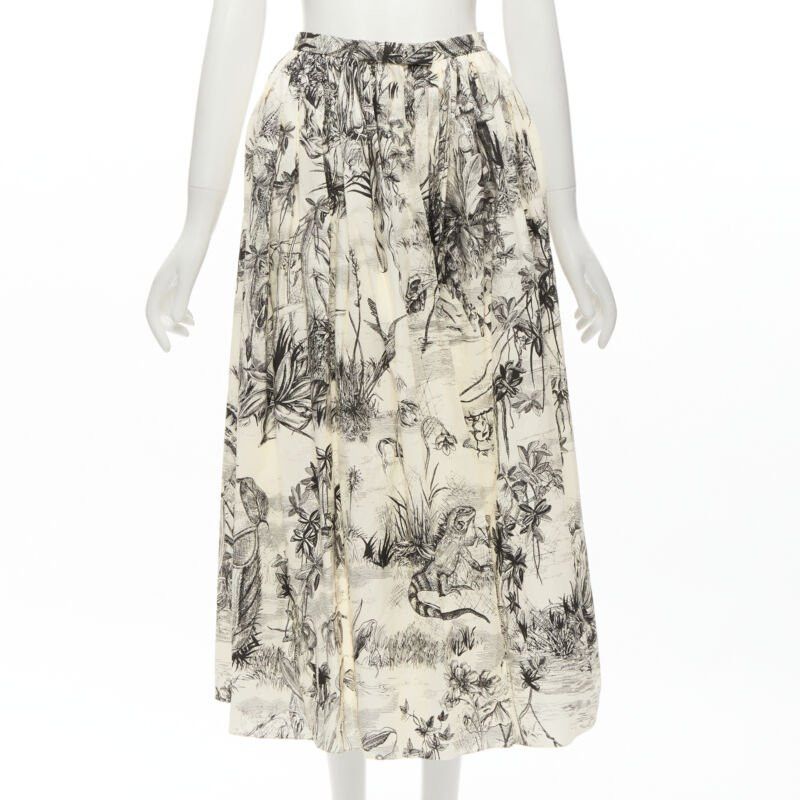 Dior CHRISTIAN DIOR Fantaisie beige illustration print cotton midi skirt FR34 XS Size 26" / US 2 / IT 38 - 1 Thumbnail
