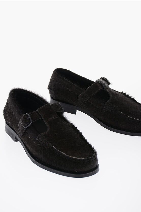 image of Hereu Ponyskin Alber Calf Hair T-Strap Loafers in Brown, Women's (Size 6)