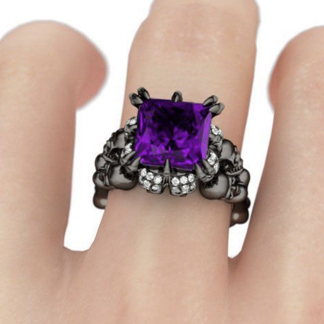 Other Gothic dark silver tone purple princess cut skull ring Size ONE SIZE - 4 Thumbnail