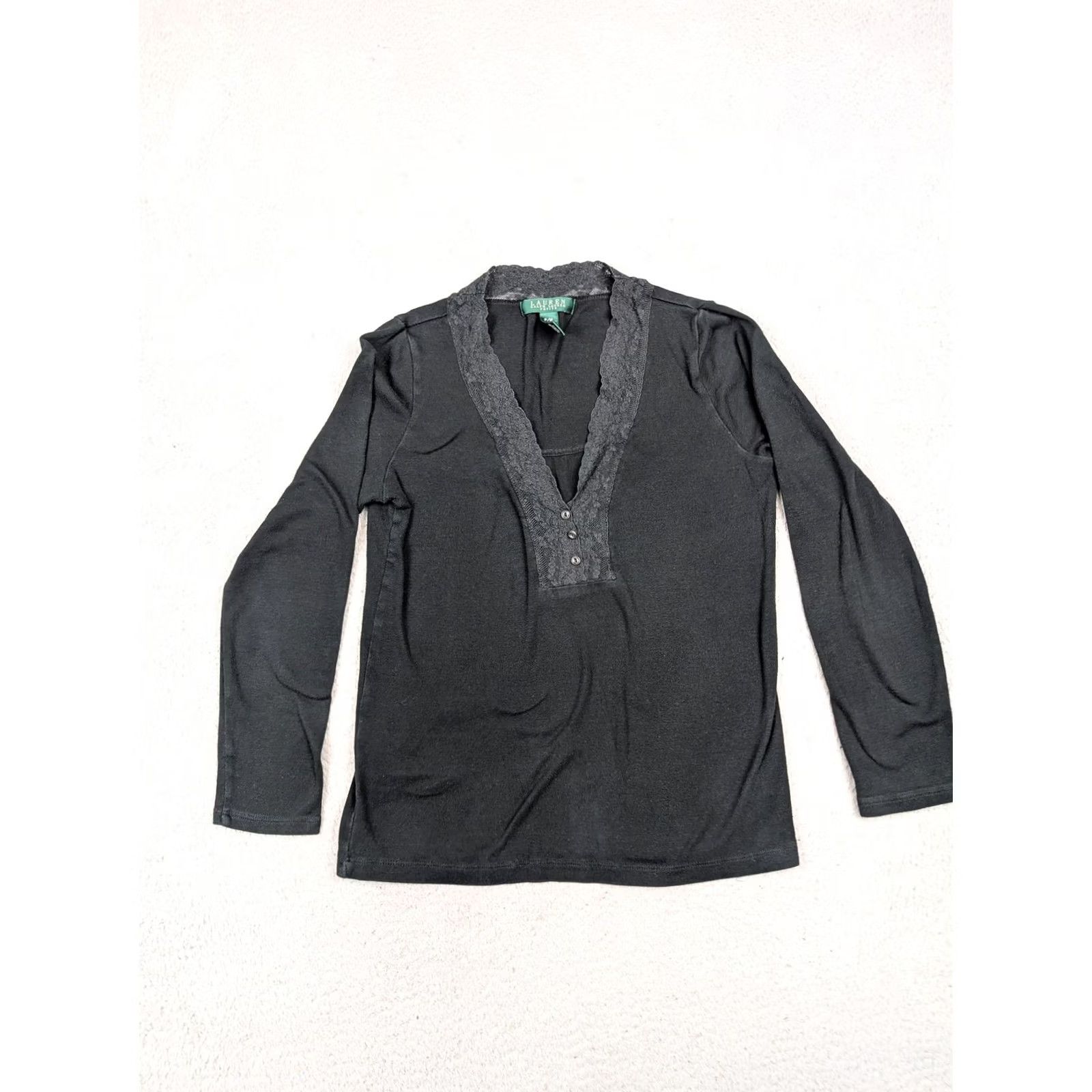 Ralph Lauren VINTAGE Lauren Ralph Lauren Shirt Womens Petite Medium Black Lace Henley LS Size M / US 6-8 / IT 42-44 - 2 Thumbnail