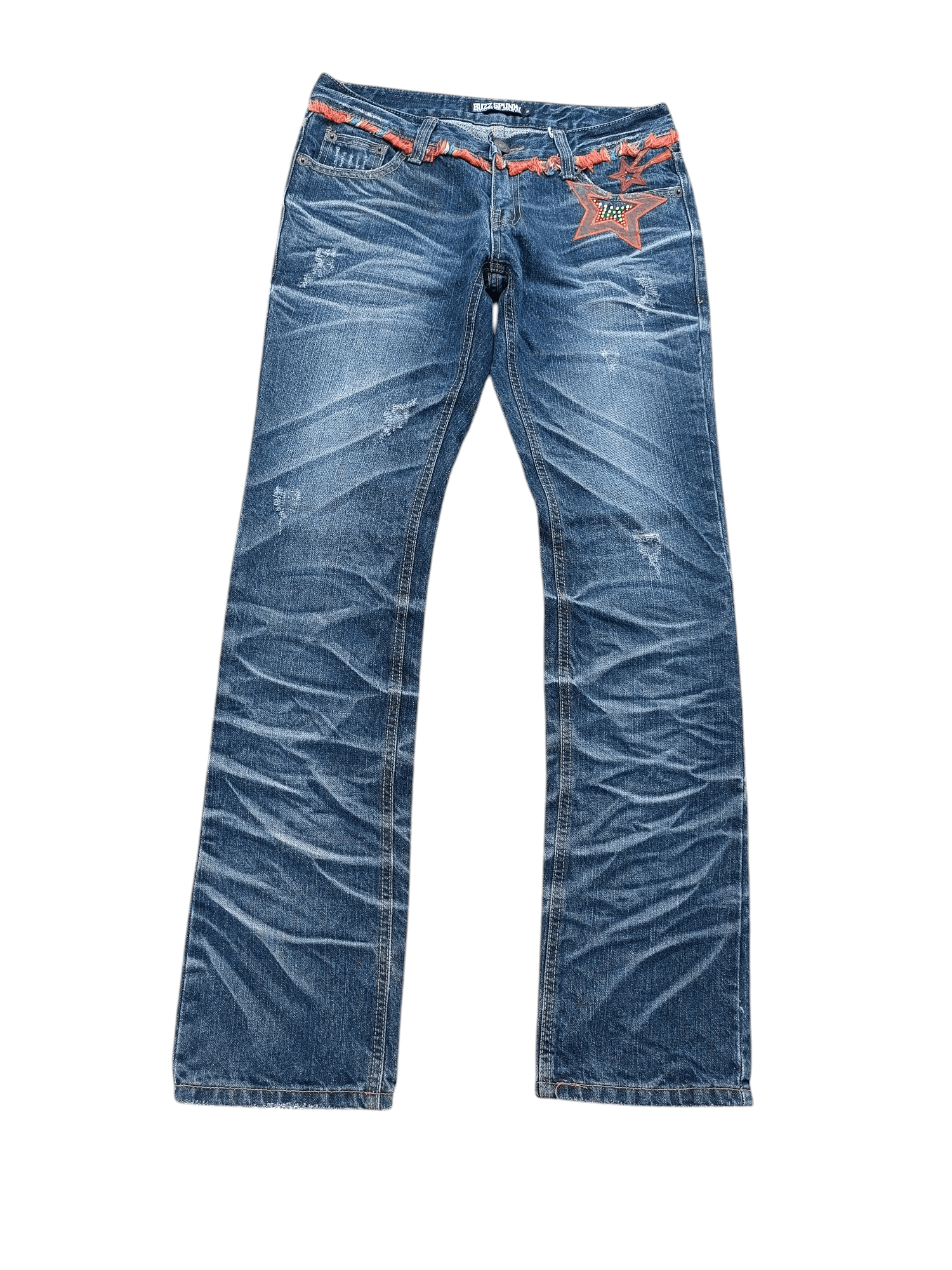 Japanese Brand BUZZ SPUNKY Skinny Distressed Whiskers Faded Rare Design Size US 30 / EU 46 - 1 Thumbnail