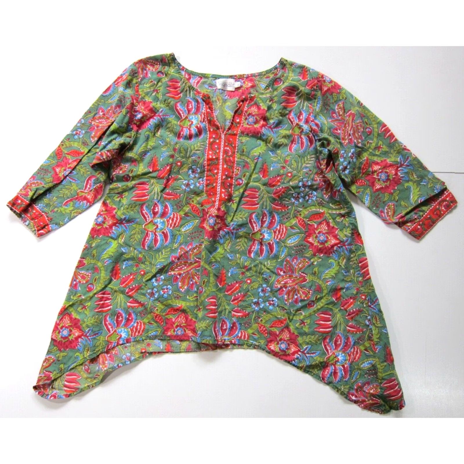 Pinko VINTAGE Signals Cotton Green Pink Blue Floral Paisley Asymmetric Tunic Peasant Blouse L Size L / US 10 / IT 46 - 7 Thumbnail