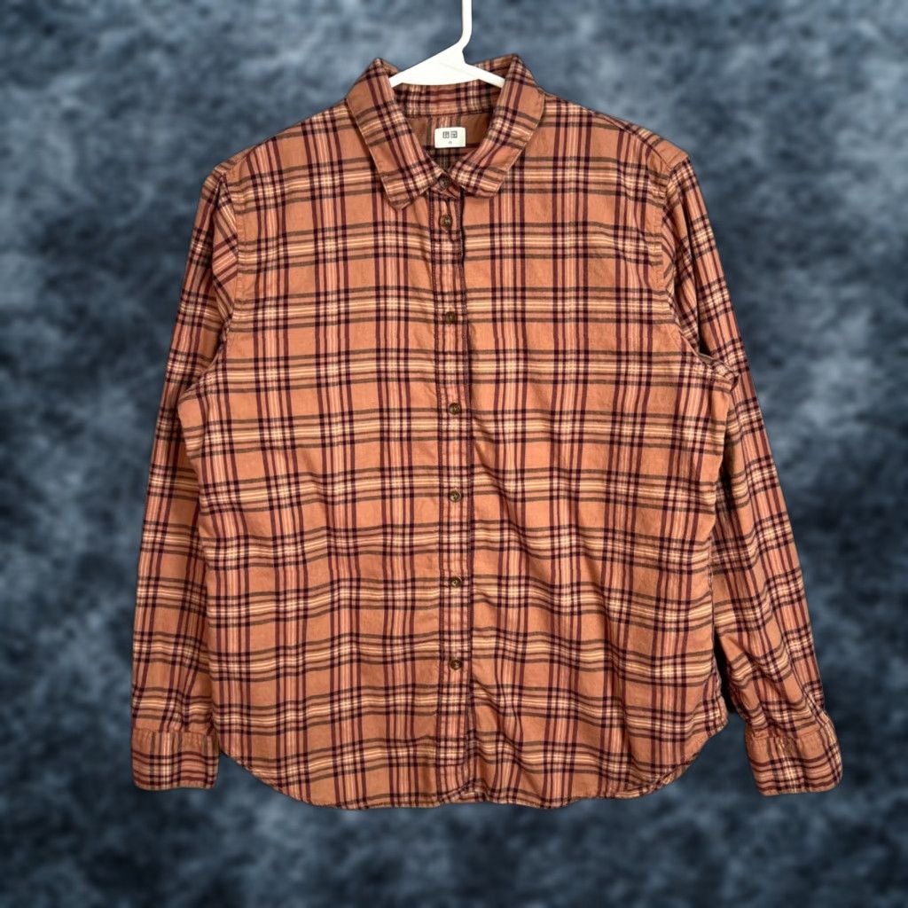 Uniqlo Uniqlo Womens XS Button-Up Shirt Flannel Plaid Brown & Purple 100% Cotton Size XS / US 0-2 / IT 36-38 - 1 Thumbnail
