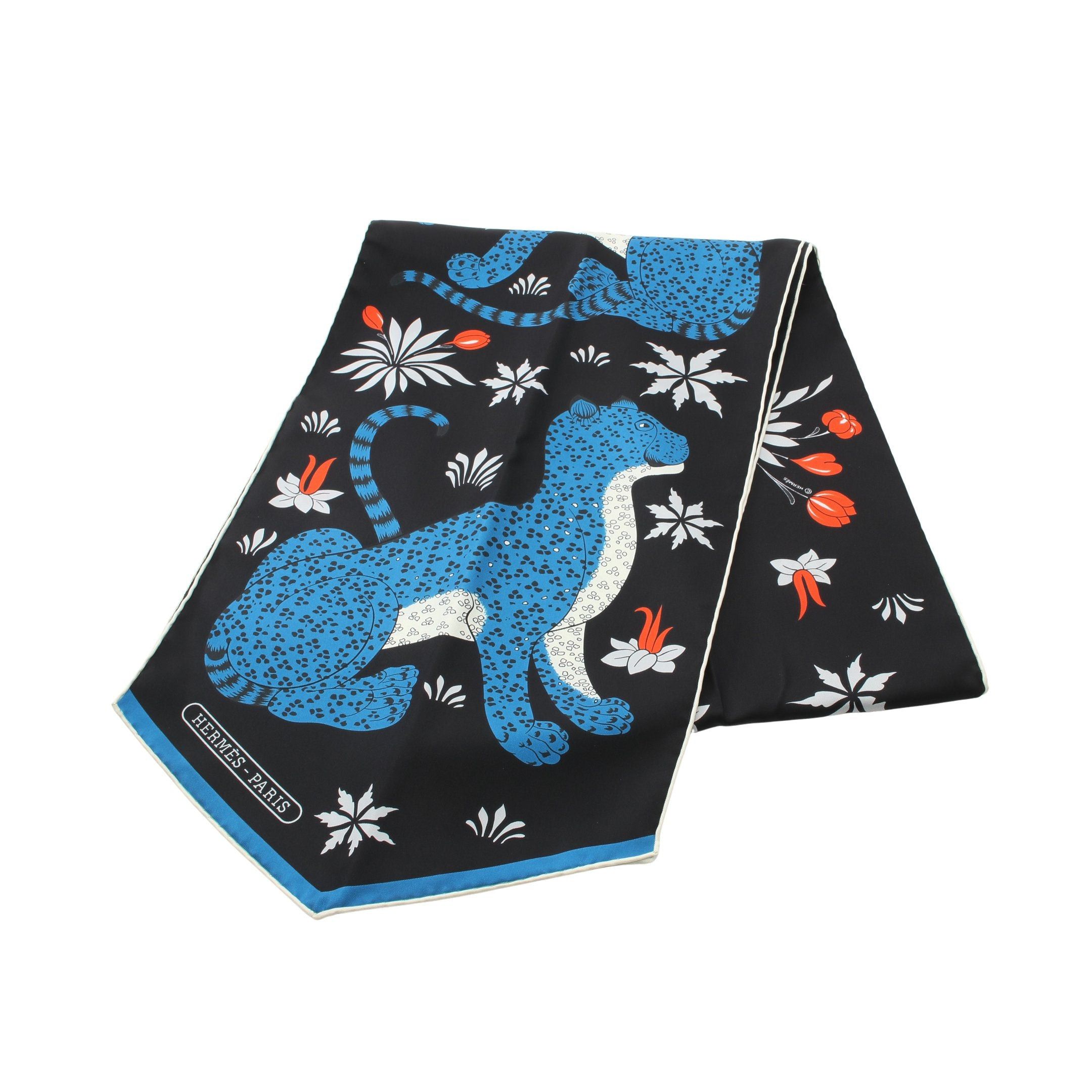 Hermes Hermes Maxi Twilly Les Leopards Scarf Silk Black Blue Multicolor Size ONE SIZE - 1 Thumbnail