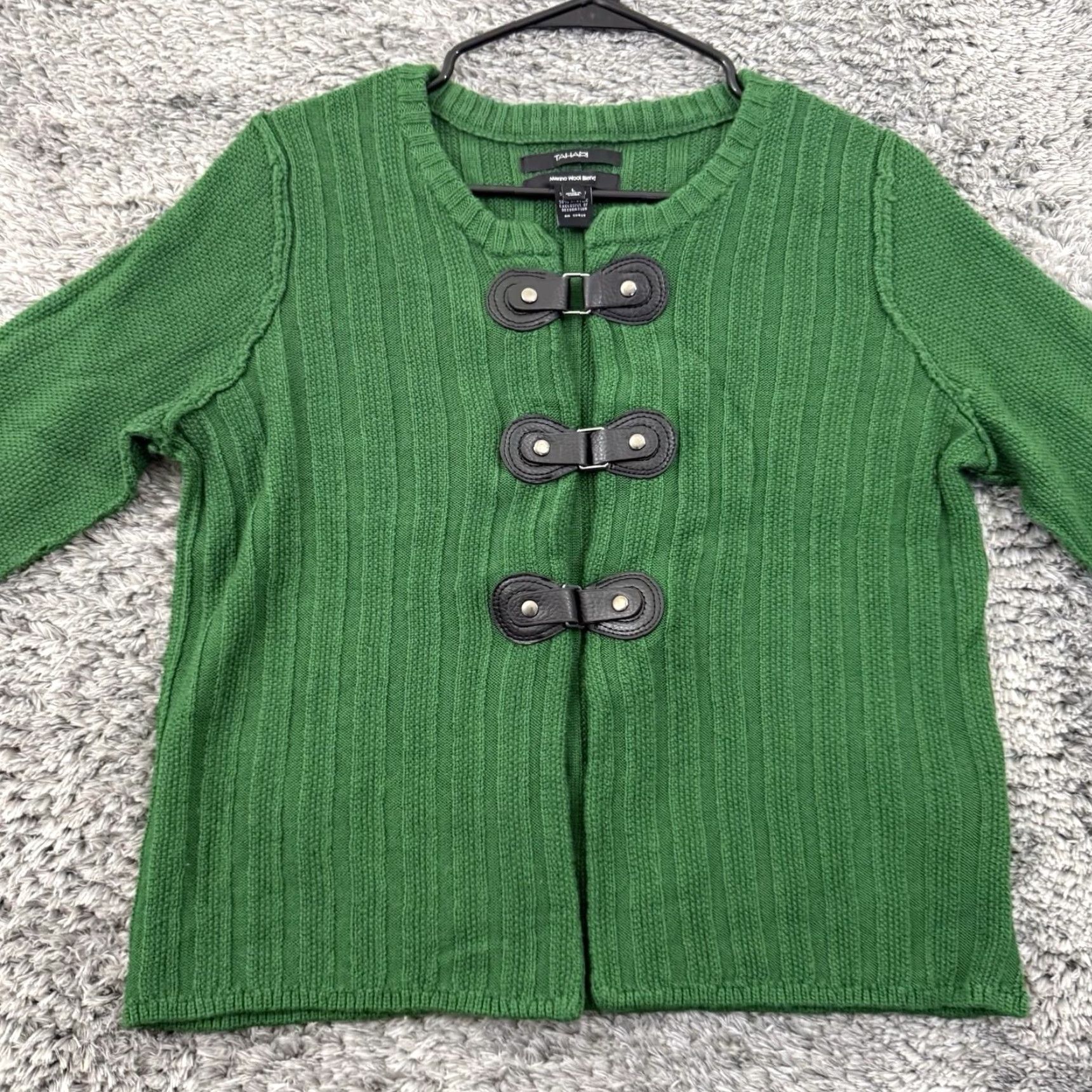 Vintage TAHARI Sweater Women's Large Green Cardigan Ribbed Merino Wool Blend Snap Size L / US 10 / IT 46 - 6 Thumbnail