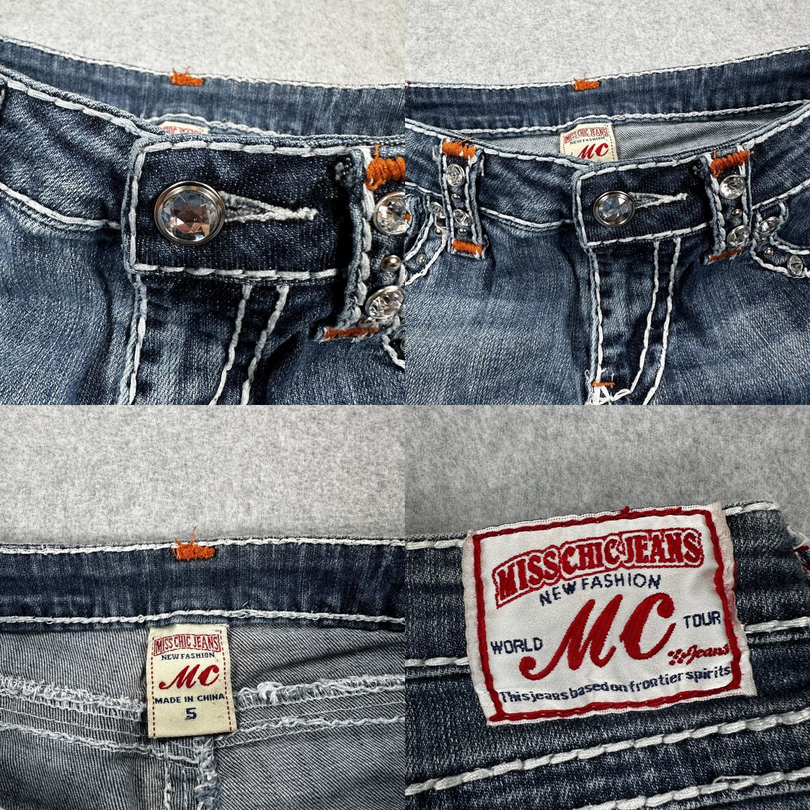 Vintage Miss Chic Jeans Womens 5 Blue Bootcut Denim Pants Distressed Crystal Studded Rhinestone Pockets Y2K Size 27" / US 4 / IT 40 - 8 Thumbnail