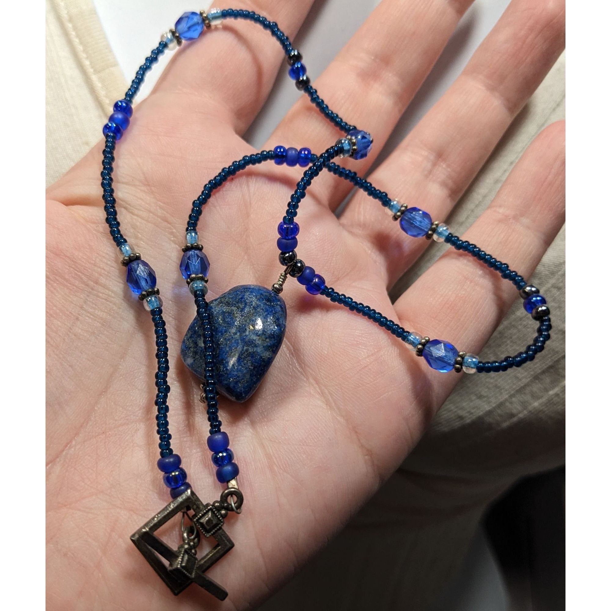 Handmade Blue Beaded Necklace With Lapis Lazuli Stone Pendant & Toggl Size ONE SIZE - 3 Thumbnail