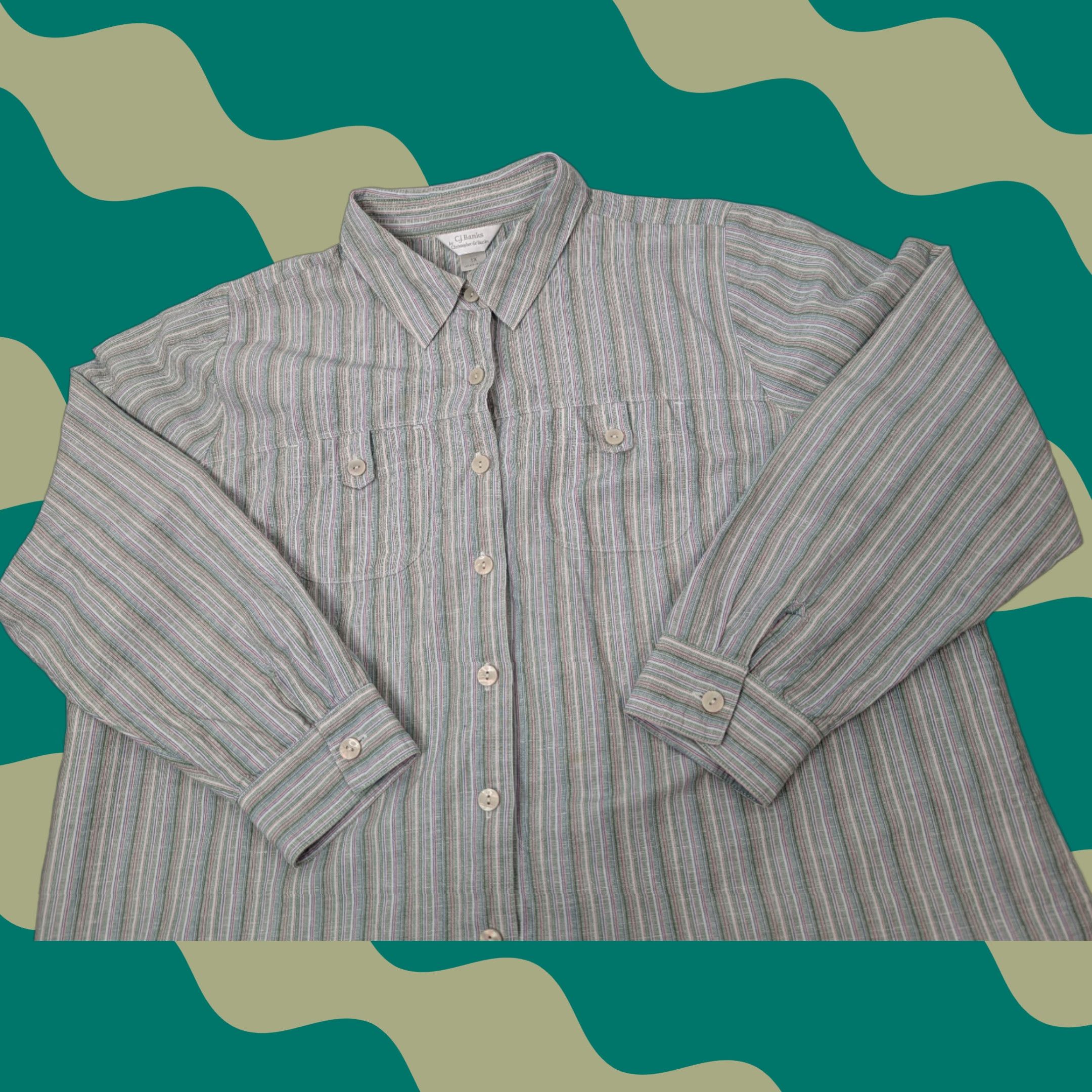 Vintage C.J. Banks By Christopher & Banks Women's Button-Up Shirt Striped Long Sleeve 1X Green Cotton Linen Casual Collar Size XL / US 12-14 / IT 48-50 - 1 Thumbnail