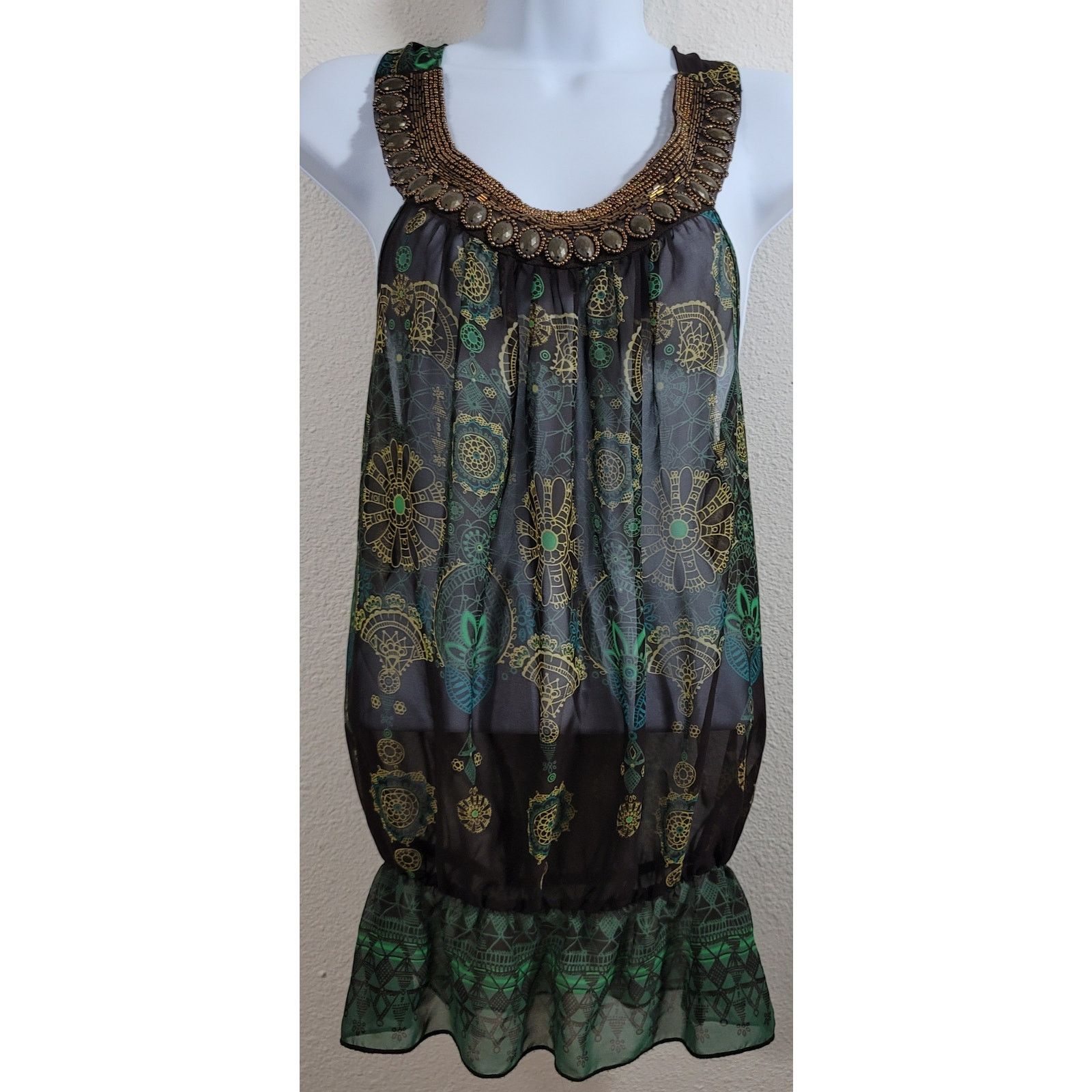 Other Twentyone Brown Green Sheer Beaded Neckline Top Medium Size M / US 6-8 / IT 42-44 - 5 Thumbnail