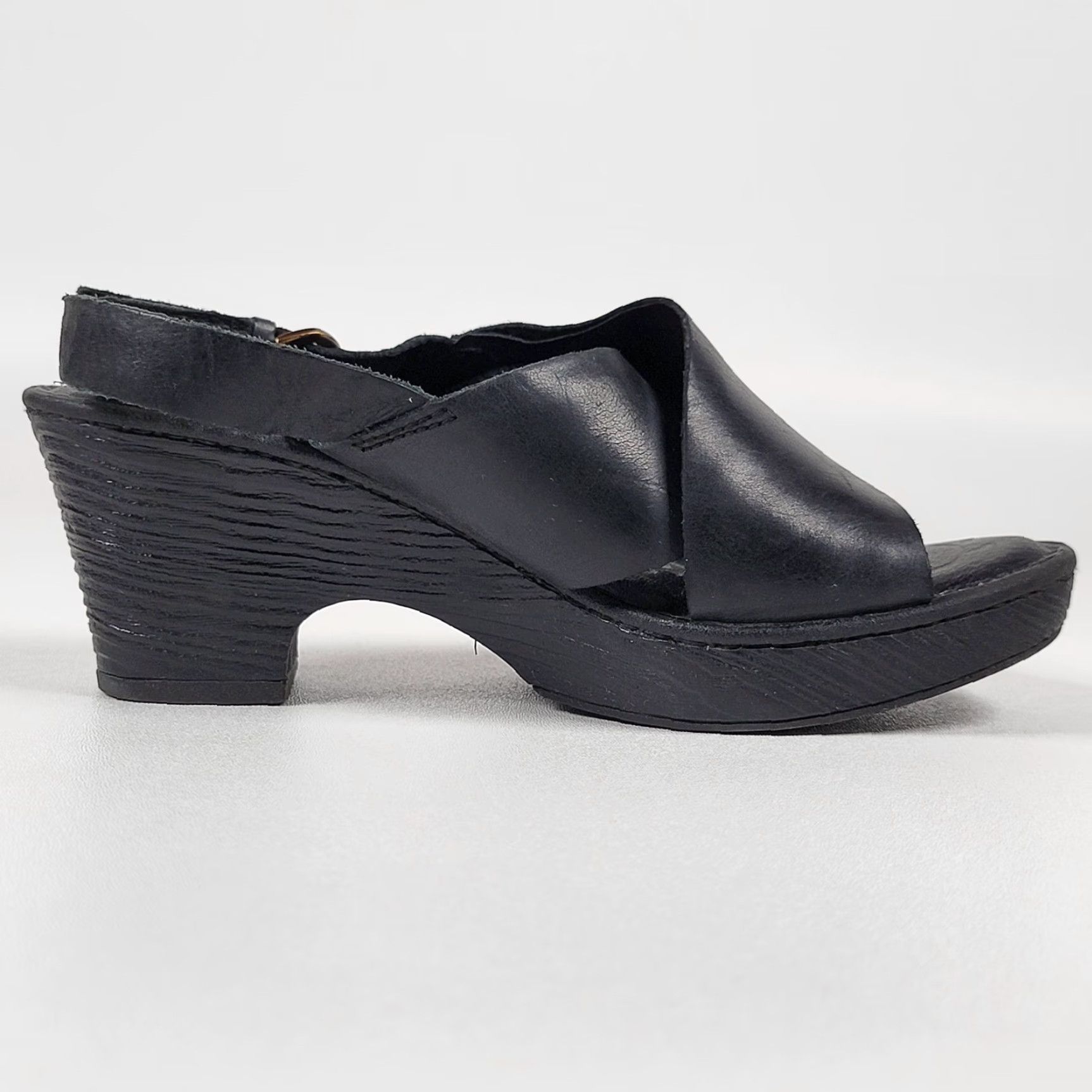 Born Born Emmy II Wedge Slingback Cross Strap Buckle Women's Black Leather Casual Heel 7M Size US 7 / IT 37 - 5 Thumbnail