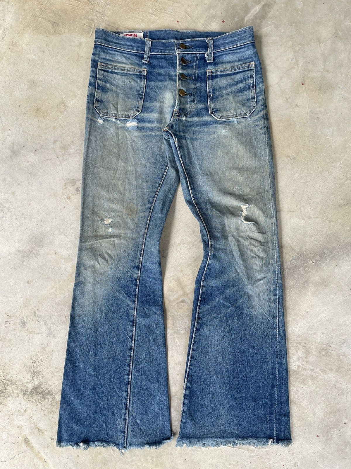 If Six Was Nine Rare Vintage 80s Edwin Distressed Flare Faded Mud Wash Denim Size US 31 - 1 Thumbnail