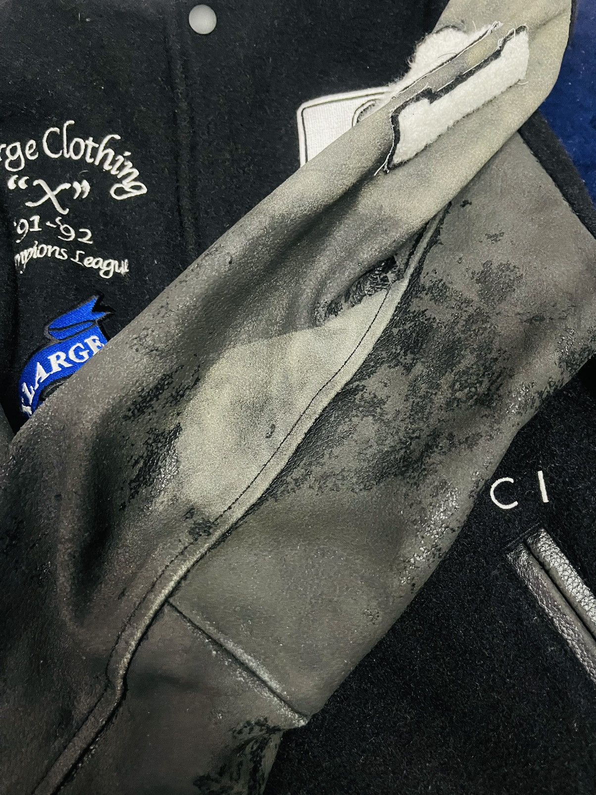 Handmade X Large Wool and Leather Distressed Varsity Jacket (16) Size US L / EU 52-54 / 3 - 17 Thumbnail