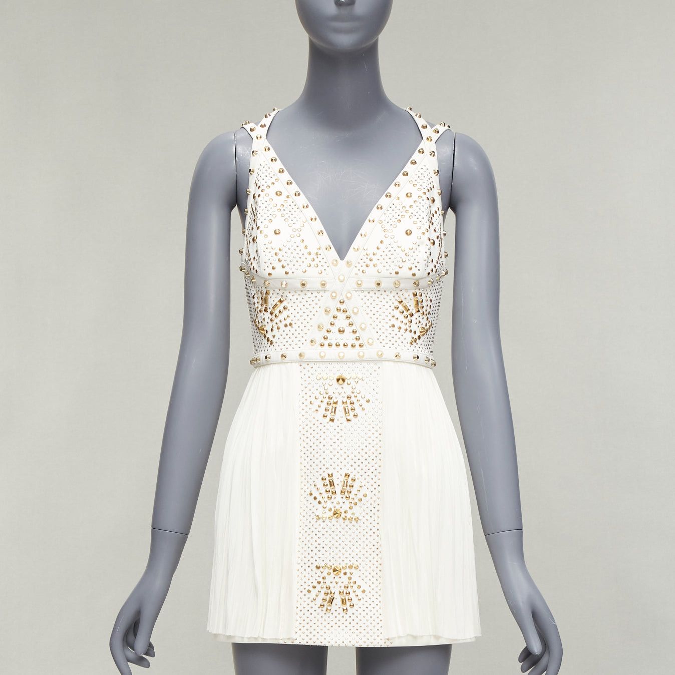 image of Versace 2011 Runway White Studded Leather Silk Skirt Mini Dress It38 Xs in Cream, Women's