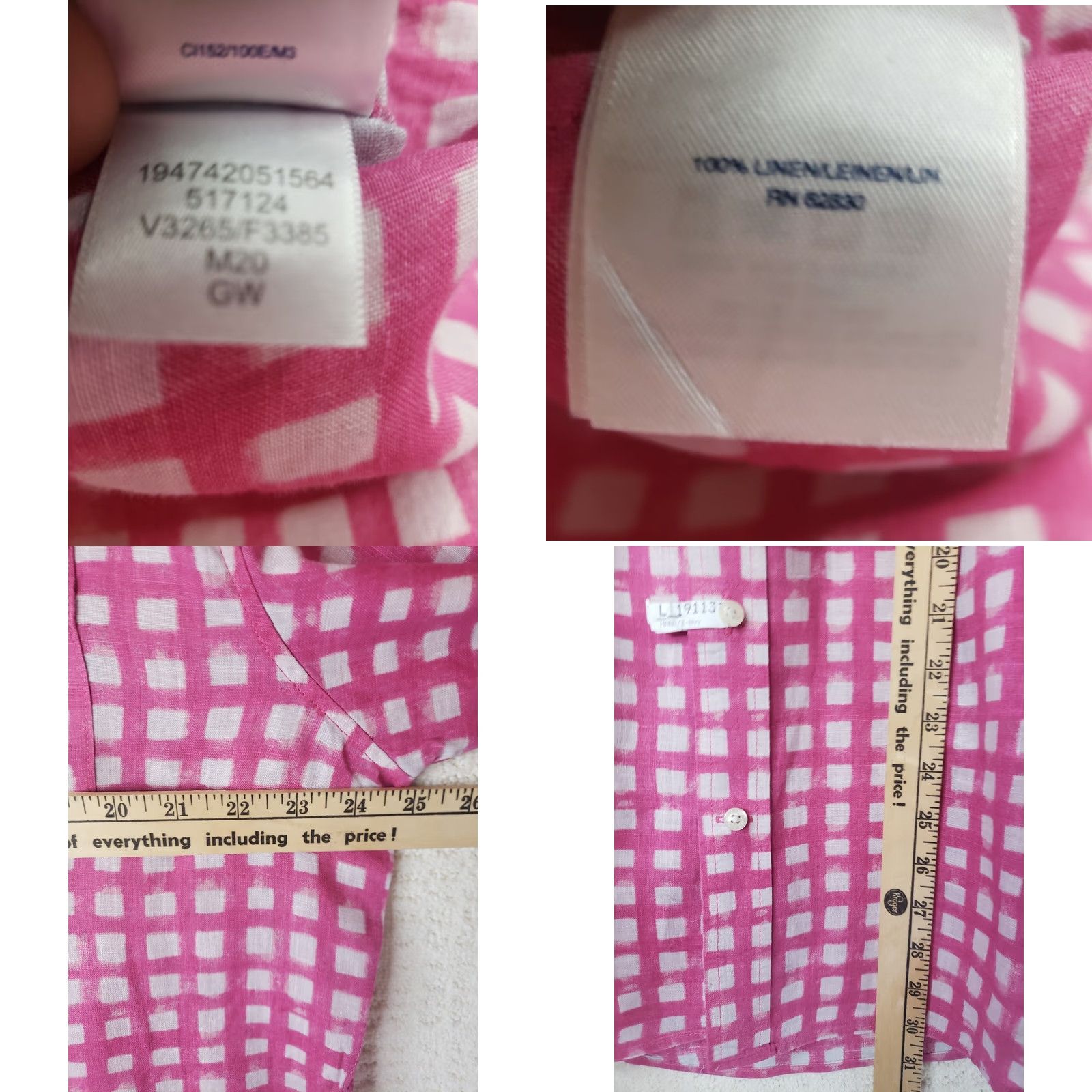 Lands' End Lands' End Linen Shirt Short Sleeve Button-Up Pink/White Check L Men’s Classic Fit 100% Linen breathable Casual Party/Cocktail Travel Size US L / EU 52-54 / 3 - 9 Thumbnail