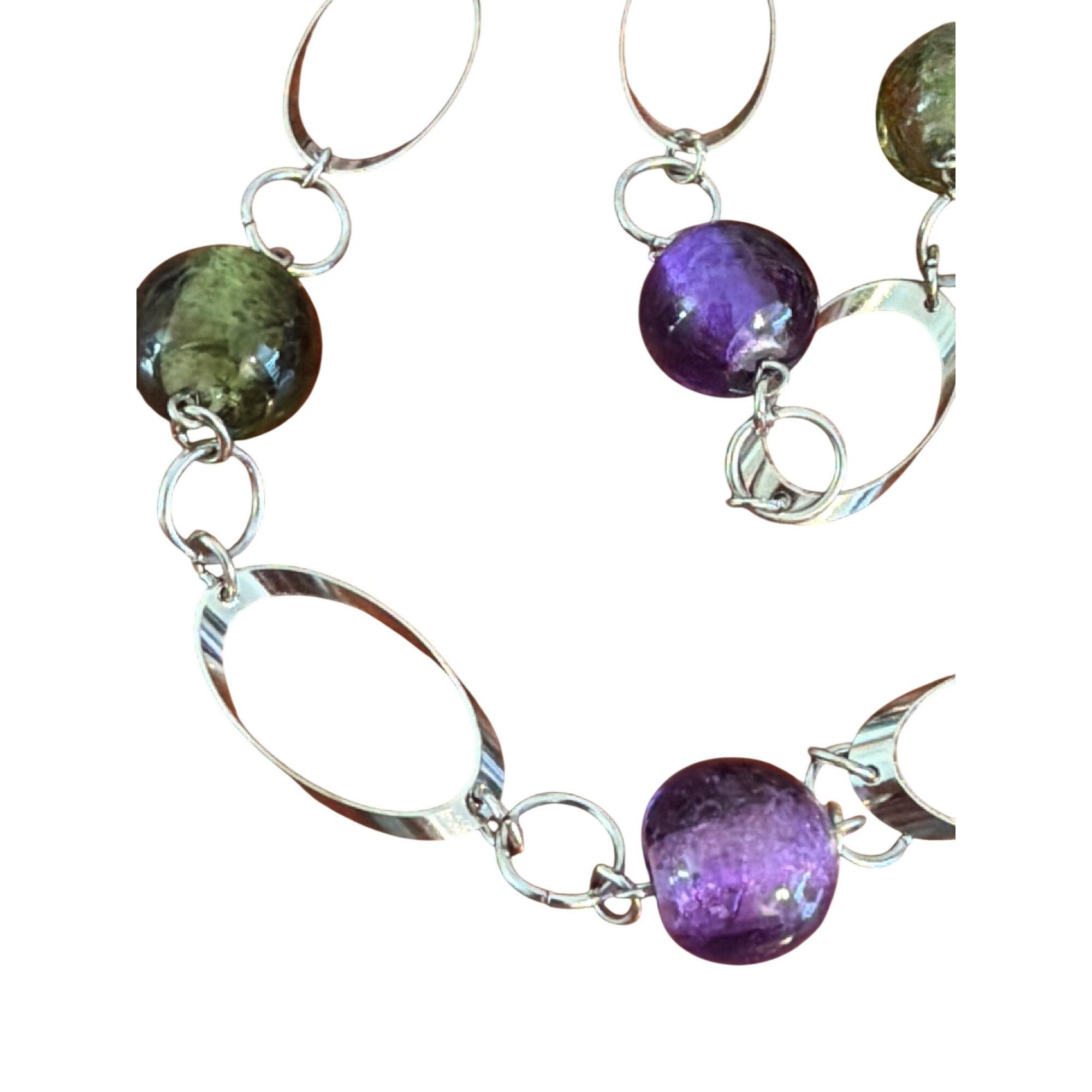 Other Vintage Silver Tone Long Chain Necklace Green Purple Acrylic Size ONE SIZE - 3 Thumbnail