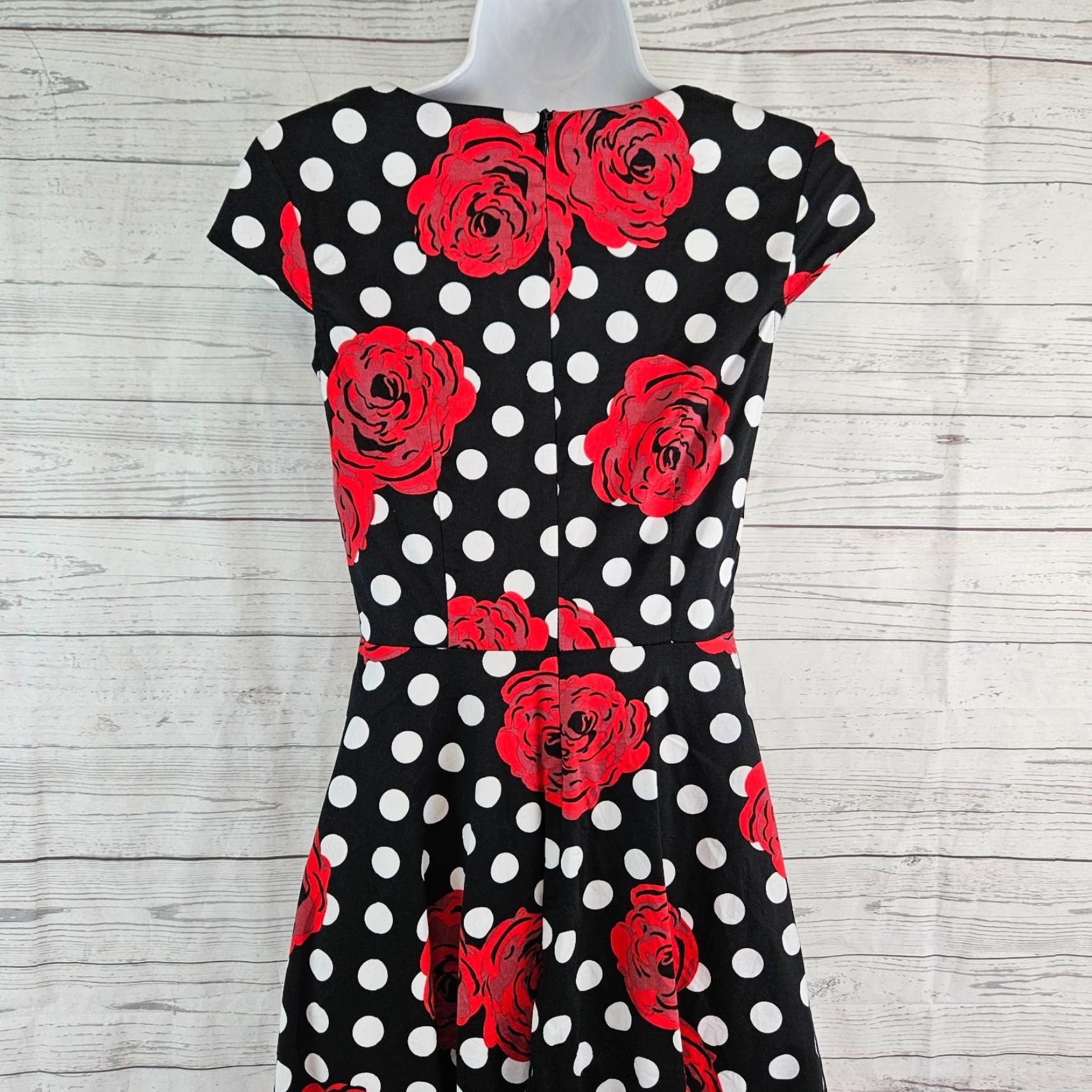 Vintage Dress Tells Womens Dress S Black Red Floral Polka Dot Cotton Short Sleeve Zip Knee Length Fit & Flare Summer Spring Womens Dress Tells Size S / US 4 / IT 40 - 4 Thumbnail
