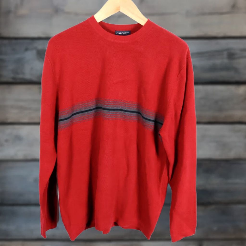Cherokee VINTAGE Cherokee Sweater Men XL Red Striped 100% Cotton Knit Crewneck VTG Pullover Size US XL / EU 56 / 4 - 1 Thumbnail
