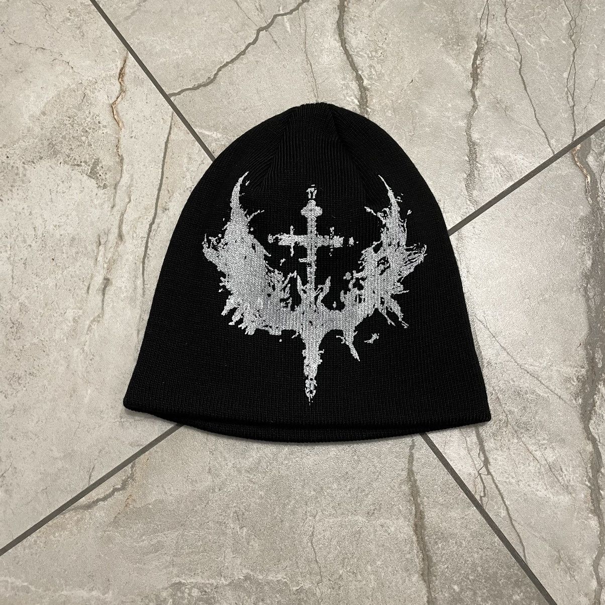 Other Beanie Hat y2k cross and bat pattern alt grunge gorp core Size ONE SIZE - 2 Thumbnail