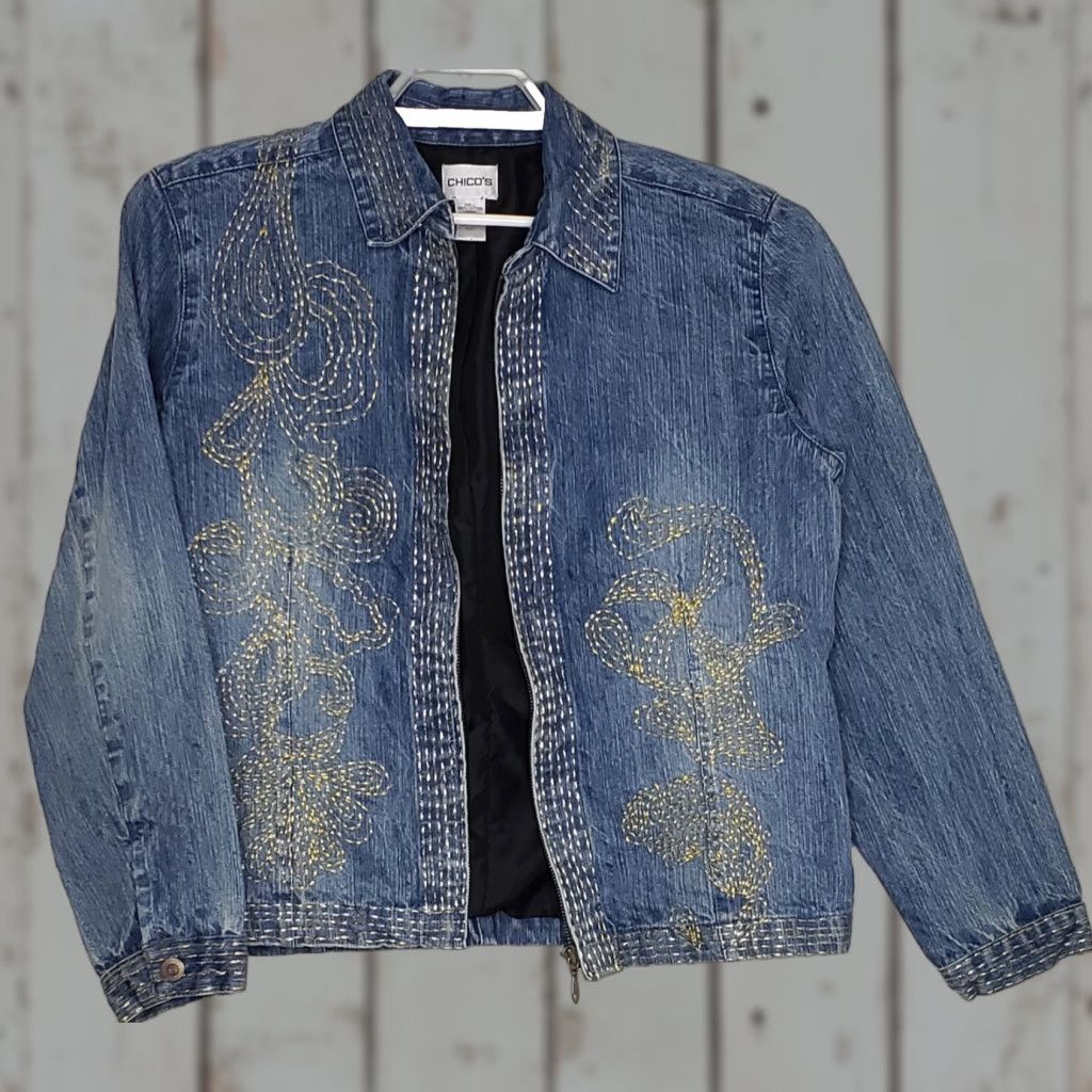 Vintage Chicos Jean Jacket Sz 1 Blue Denim Long Sleeve w/Gold Embroidery Full Zip Collar Size XS / US 0-2 / IT 36-38 - 1 Thumbnail