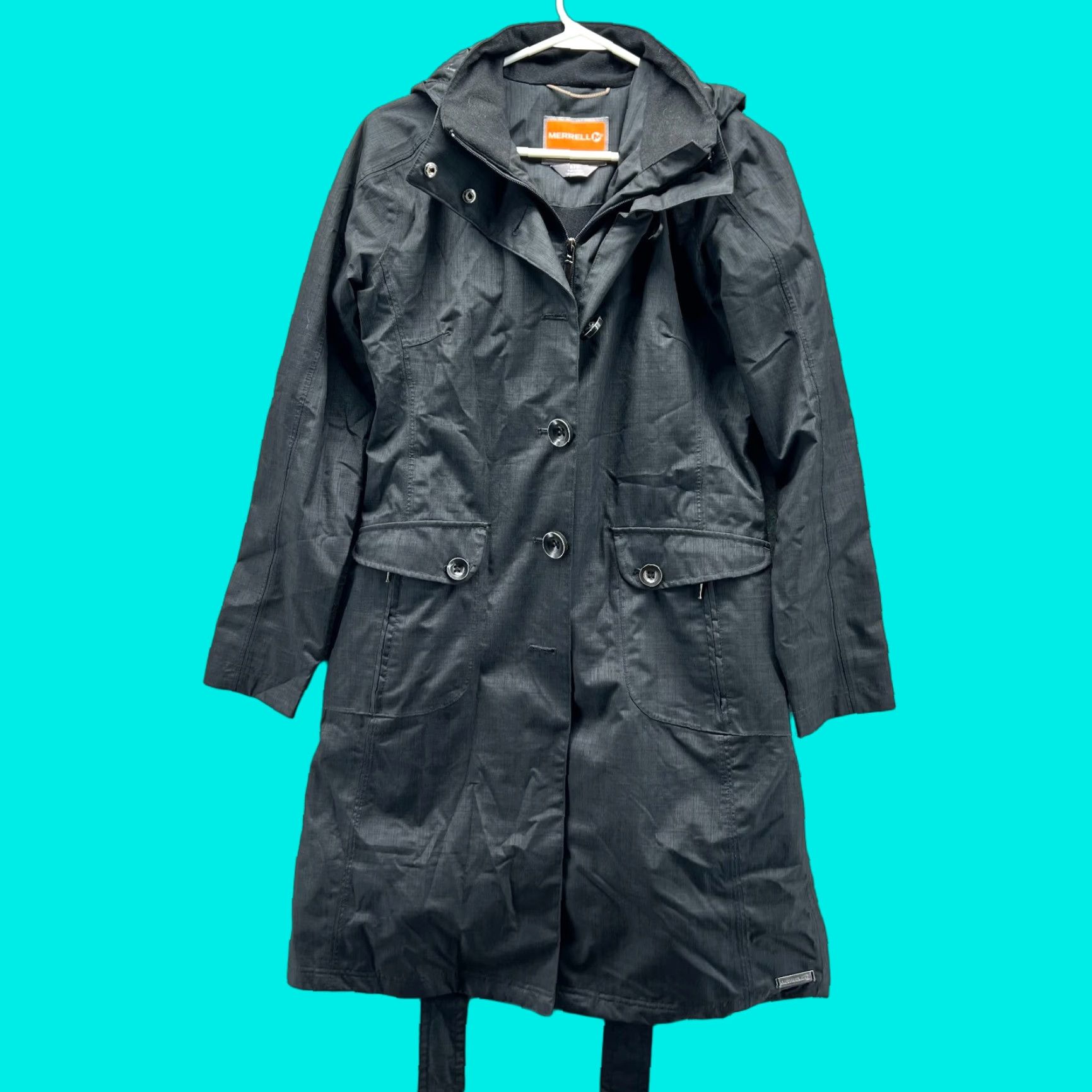 Merrell VINTAGE Merrell Trench Coat Jacket Womens Small Black Hooded Button Down Belt Opti Shell Fall Winter Size S / US 4 / IT 40 - 1 Thumbnail