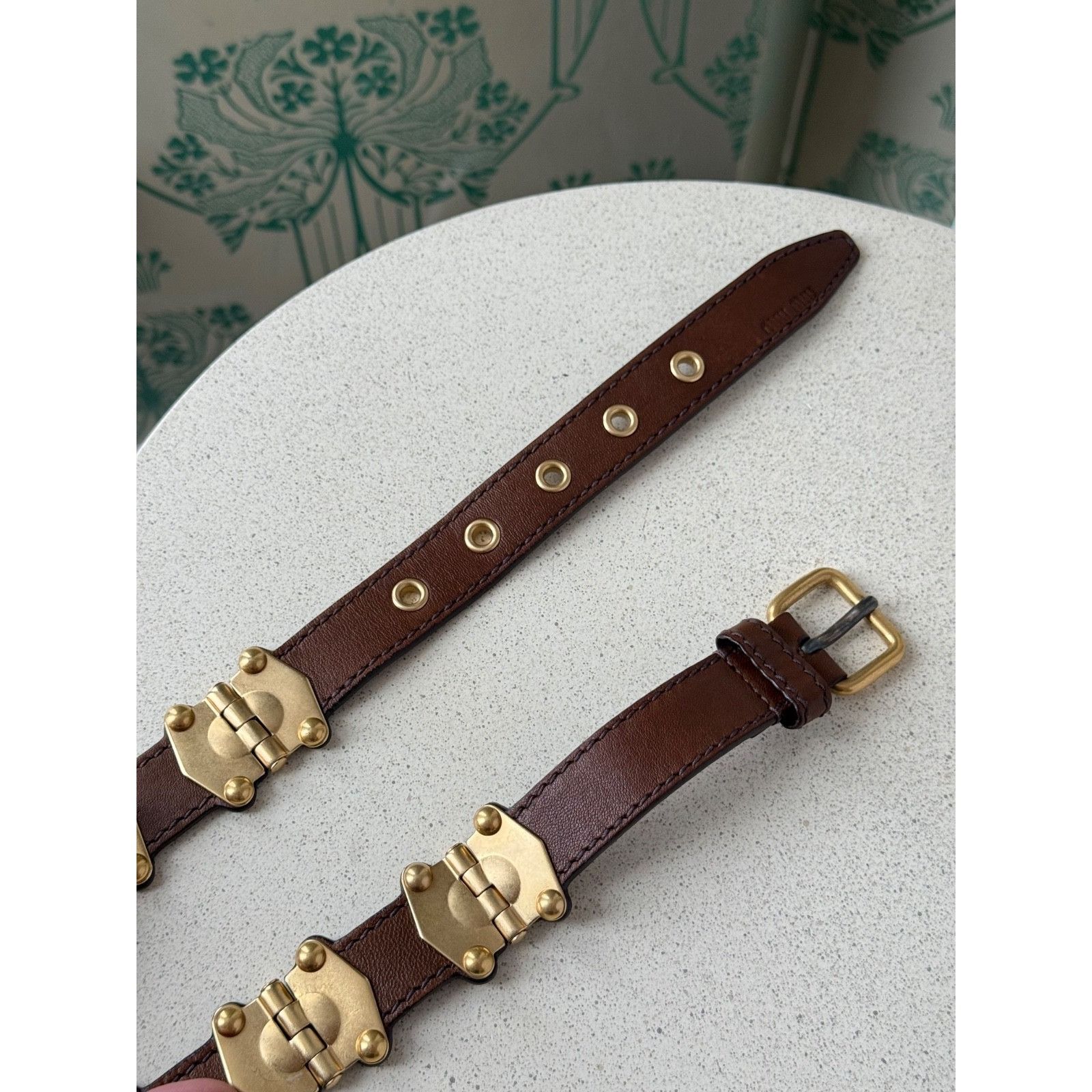 Miu Miu Miu Miu Leather Studded Grommet Buckle Brown Gold Belt 90/36 Size ONE SIZE - 8 Thumbnail