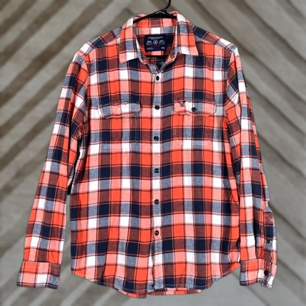American Eagle Outfitters American Eagle Outfitters Mens Shirt Orange Navy Plaid Athletic Fit Flannel M Size US M / EU 48-50 / 2 - 1 Thumbnail