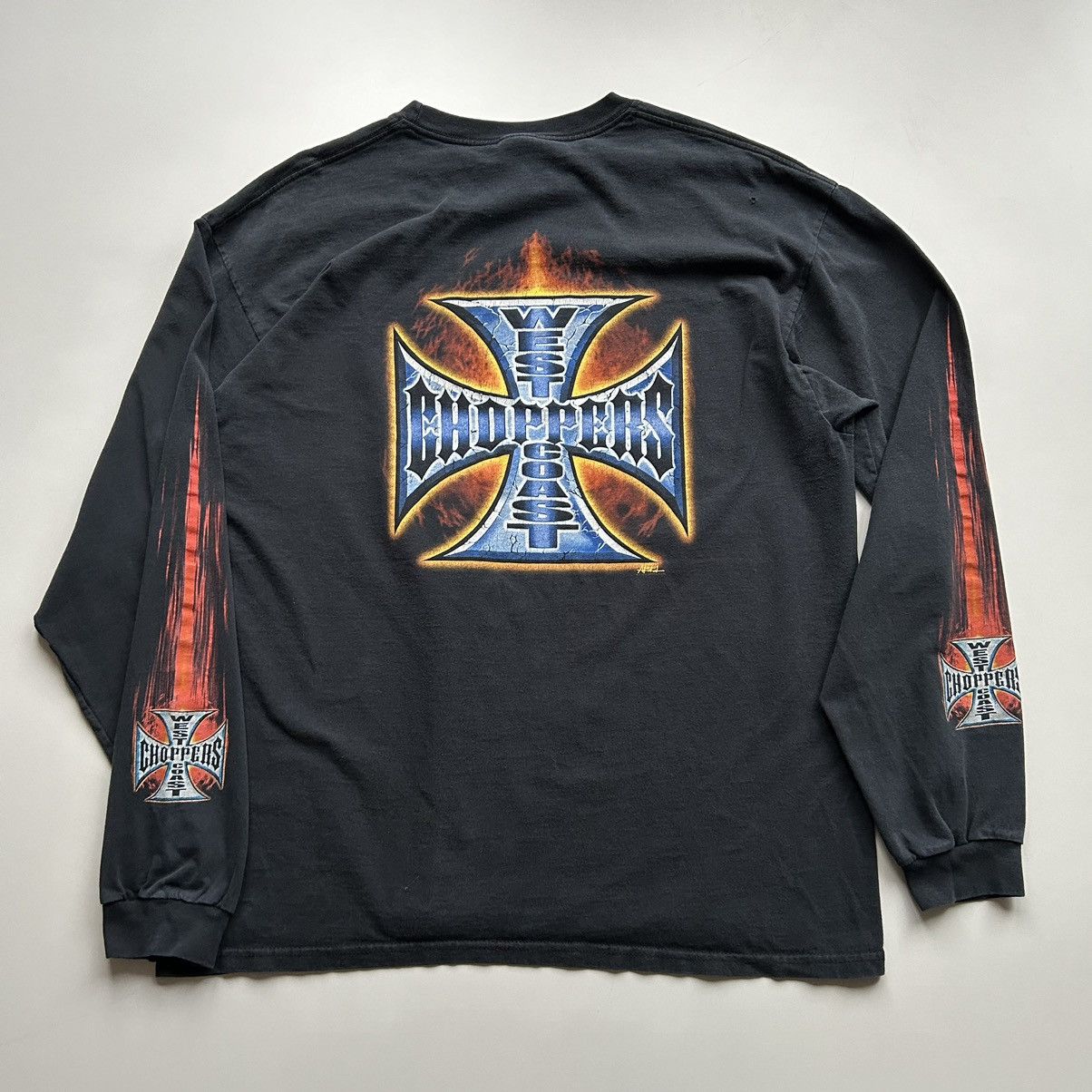 image of Made In USA Vintage 90's West Coast Chopper Flame Graphic Long Sleeve 2Xl in Black, Men's