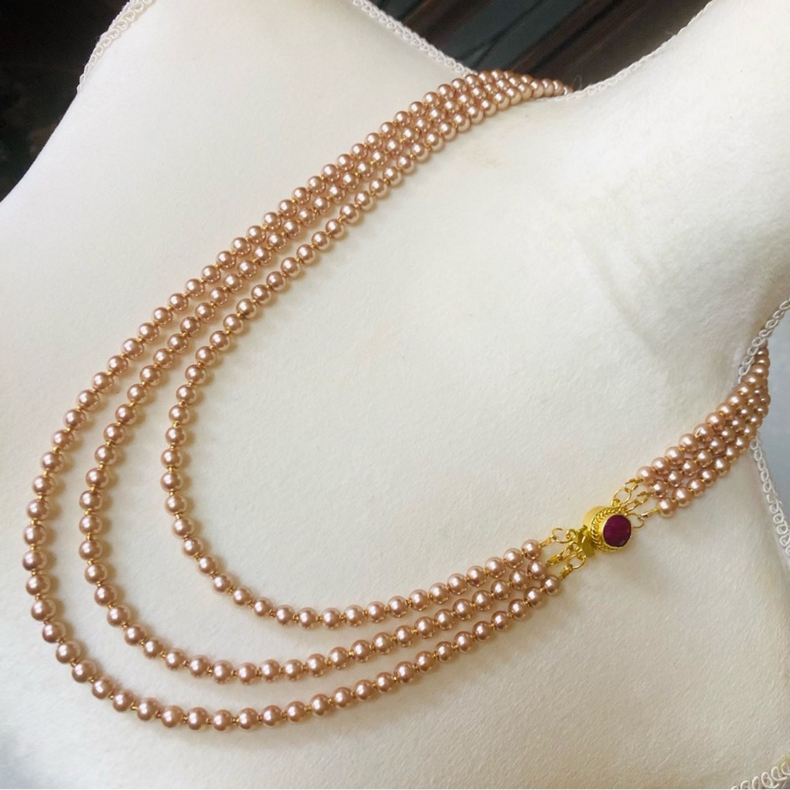 Handmade Handcrafted triple strand tan pearl genuine ruby necklac Size ONE SIZE - 1 Thumbnail