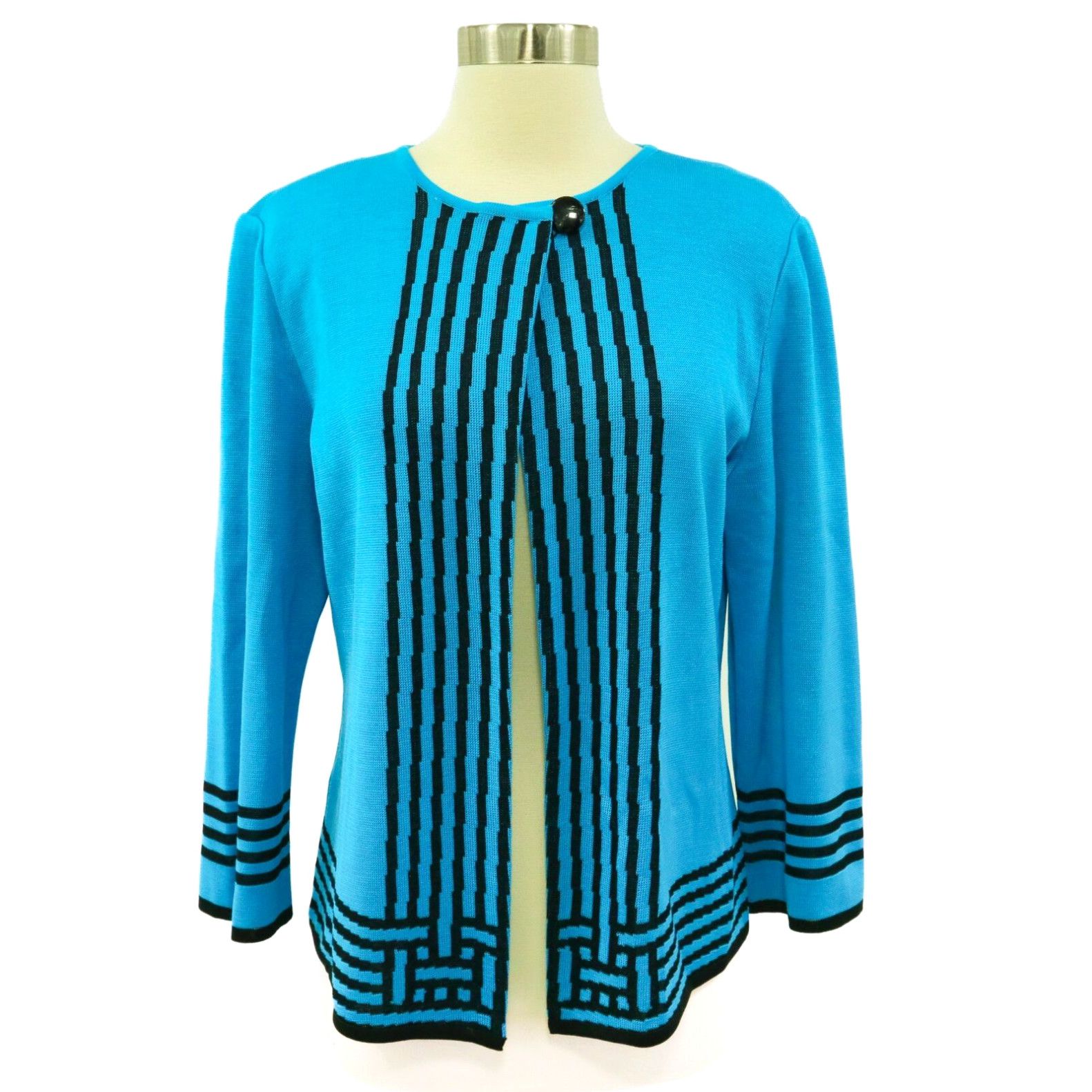 Image of Vintage Ming Wang Cardigan Jacket New Womens S Small Turquoise Blue Black Acrylic Knit in White