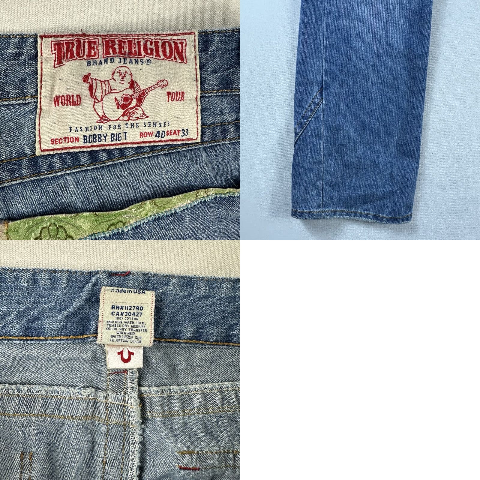 True Religion Jeans Distressed Baggy Straight 40x33 Mens Blue Hip Hop 5-Pocket Denim Y2K World Tour Bobby Big T