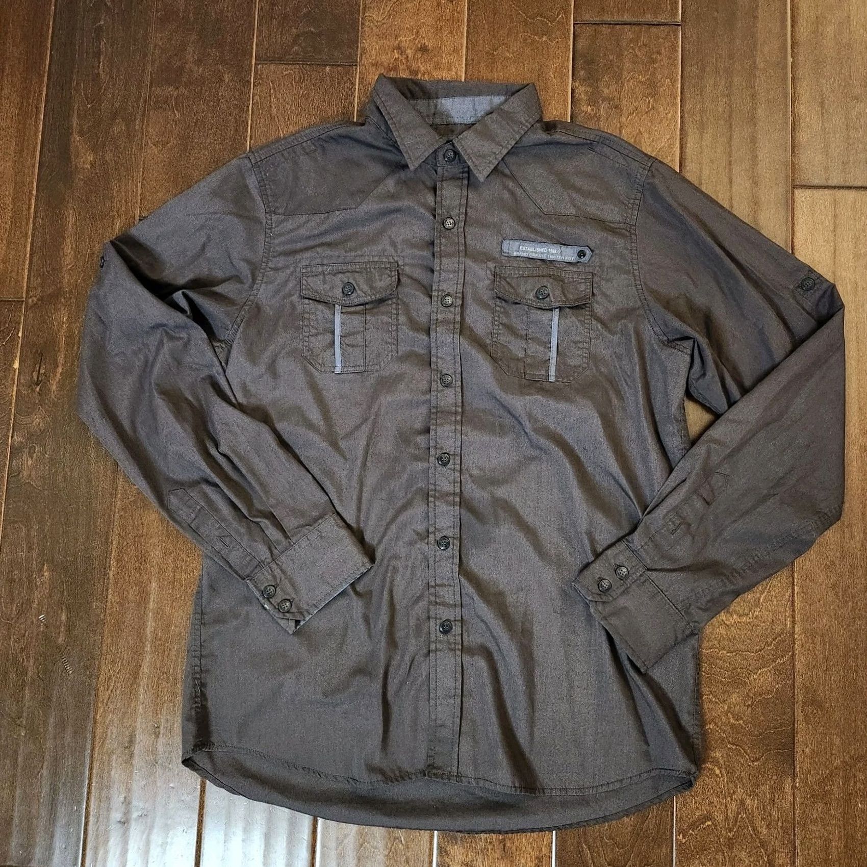 Vintage LR Scoop New York Men's Gray Blue Pocket Long Sleeve Button Up Dress Shirt L Size Gray Cotton Polyester Shirt Men موقع? Size 42R - 3 Thumbnail