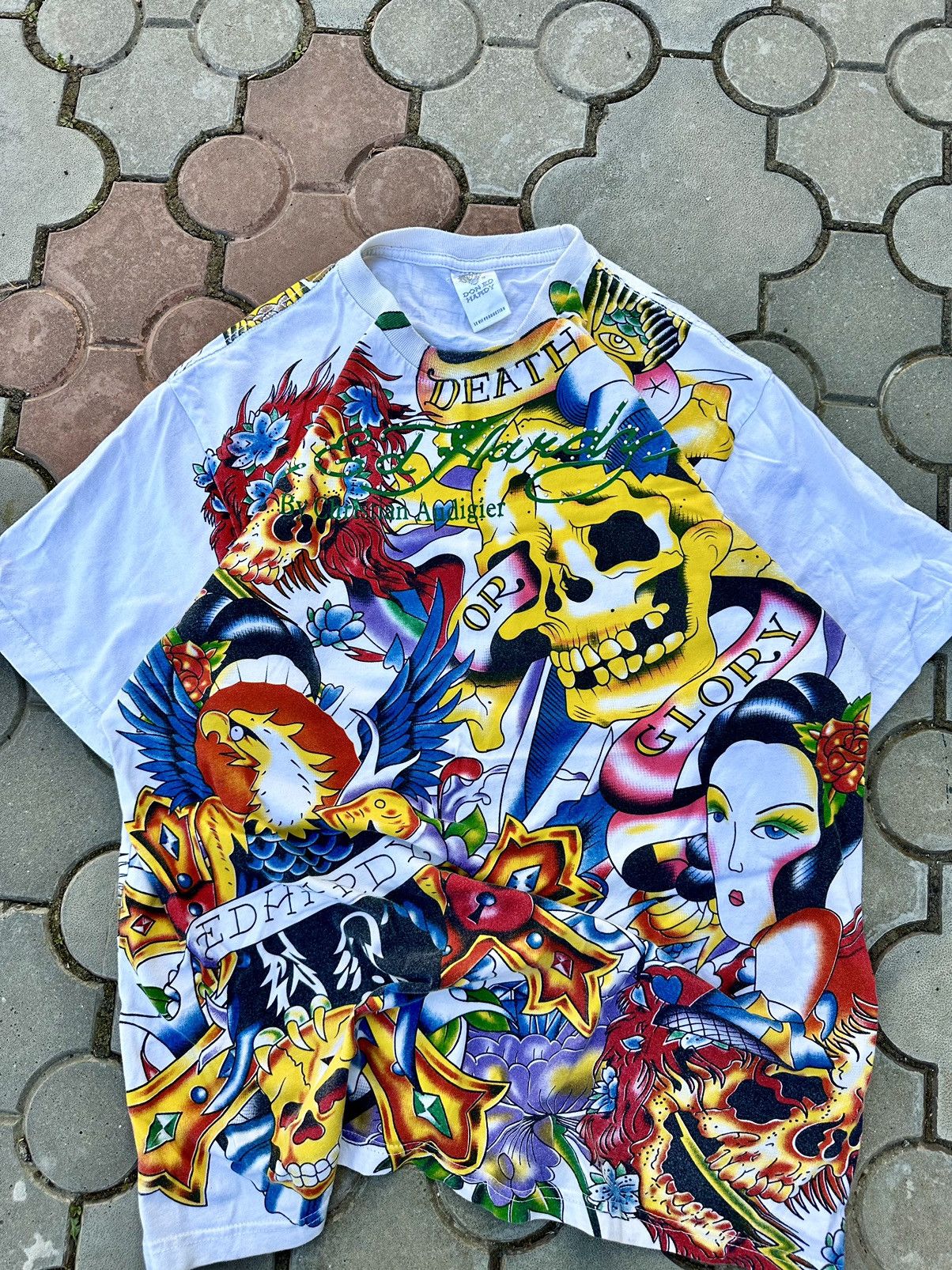 Vintage Ed Hardy All Over Print Japanese Skull Tee Shirt