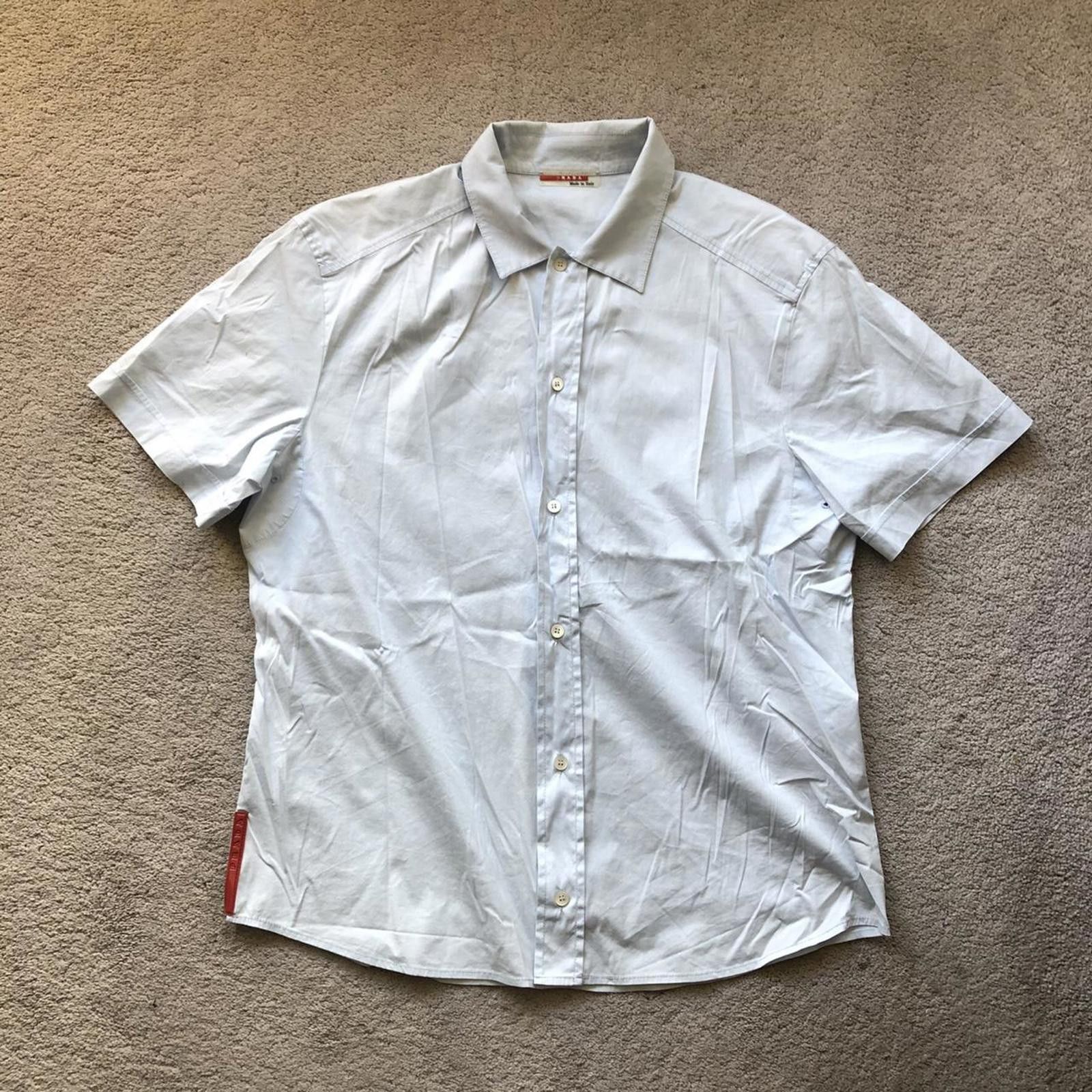Prada Vintage Baby Blue Prada Red Tab Short Sleeve Button Up Shirt Size US XL / EU 56 / 4 - 1 Thumbnail