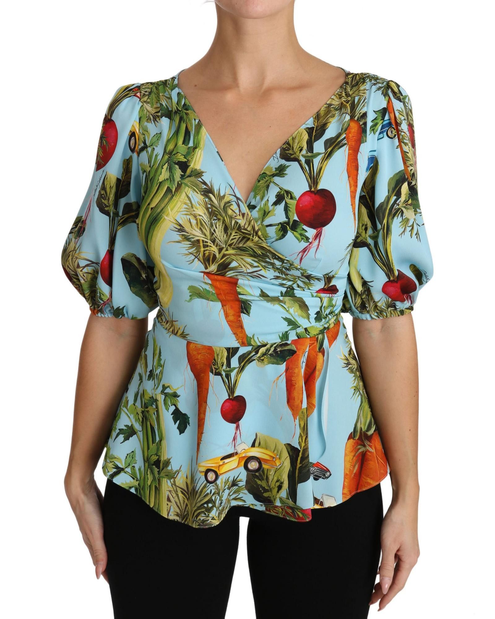 image of Dolce Gabbana Print Silk Top Peplum Wrap Blouse, Women's (Size XS)