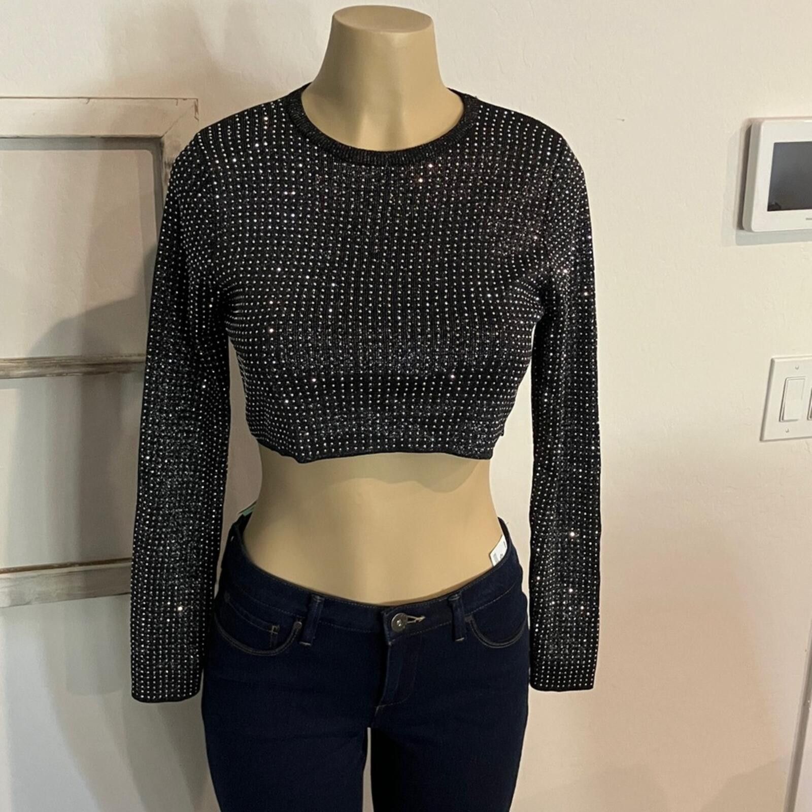 Essentiel Antwerp Elegant Black Rhinestone Crop Top Size S / US 4 / IT 40 - 1 Thumbnail