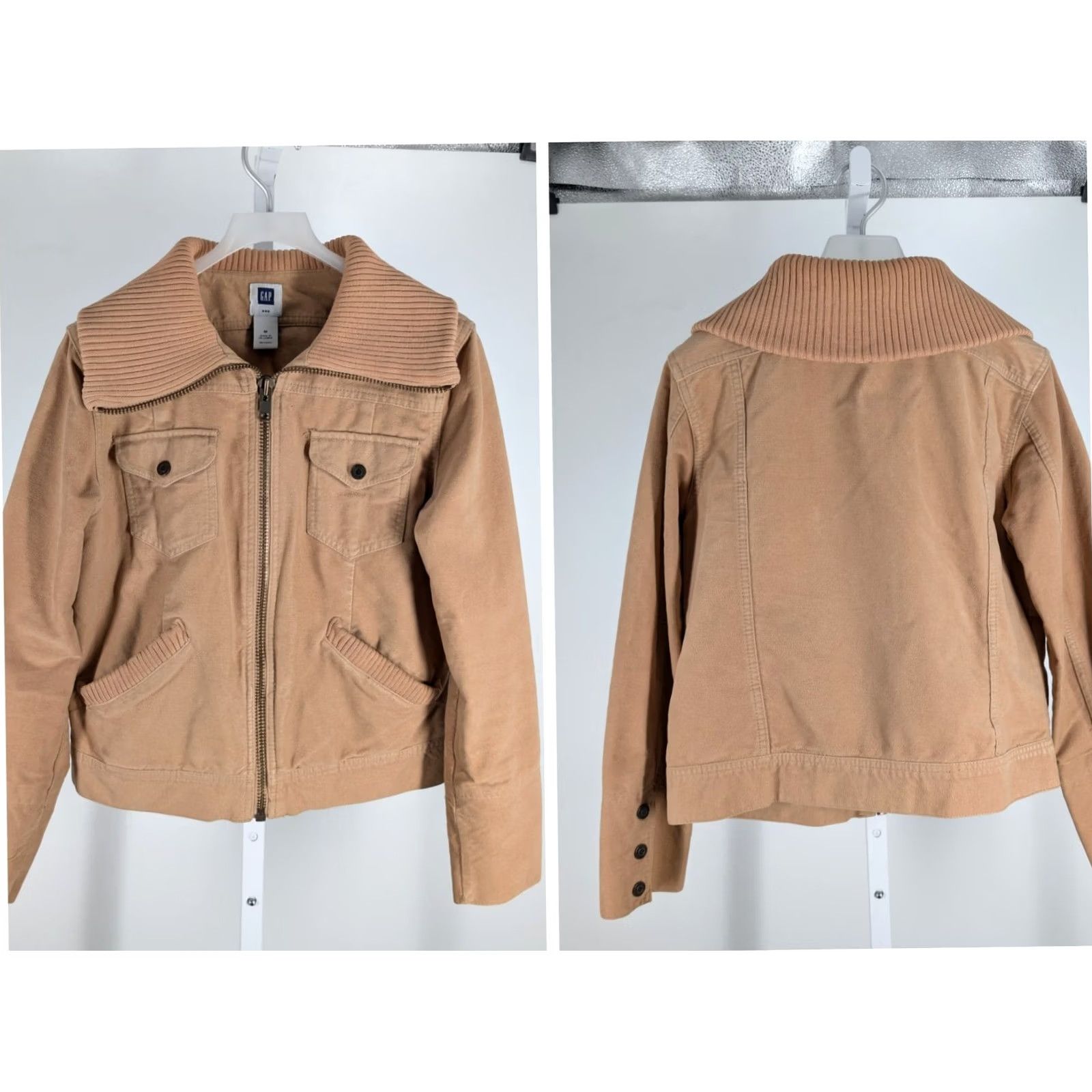 Gap VINTAGE Gap Jacket Womens M Old 2004 Chamois Tan Moleskin Ribbed Knit Collar Y2K Cropped Short 19" Length Steel Zip Size M / US 6-8 / IT 42-44 - 2 Thumbnail