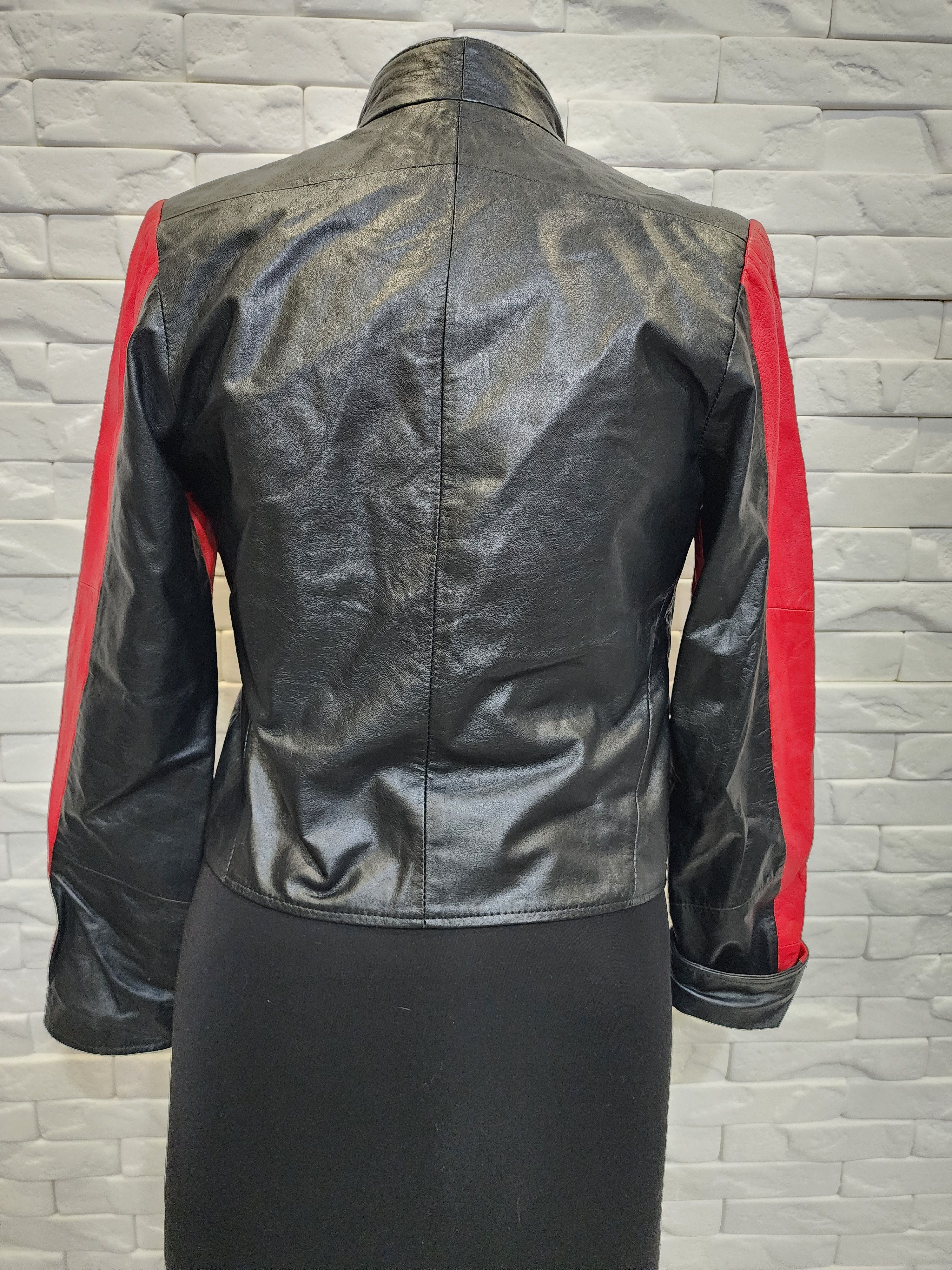 Genuine Leather Women's black leather jacket with red inserts. Size XS / US 0-2 / IT 36-38 - 5 Thumbnail