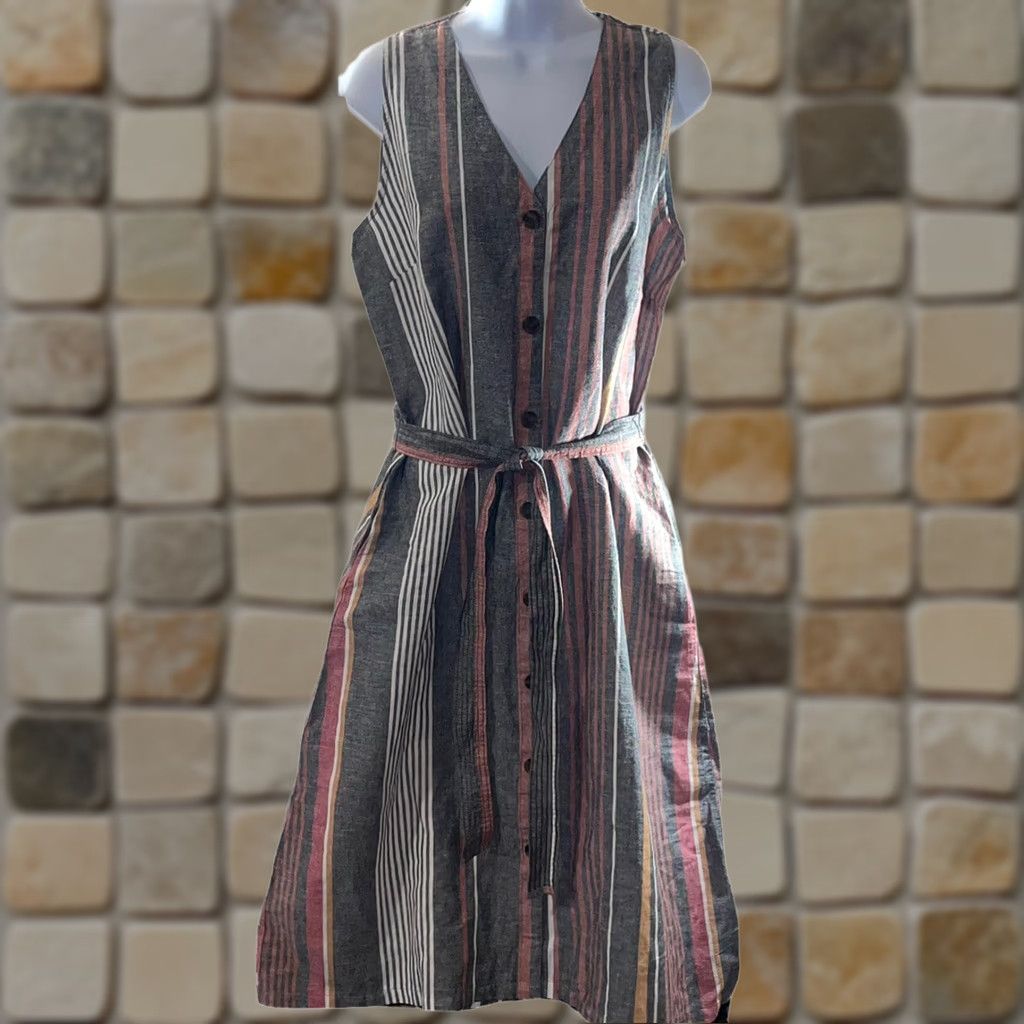 Liz Claiborne Liz Claiborne Maxi Dress Sleeveless V-Neck Multicolor Stripe M NWT Linen Cotton Knit Belted Button 2010-2019 Womens Size M / US 6-8 / IT 42-44 - 1 Thumbnail
