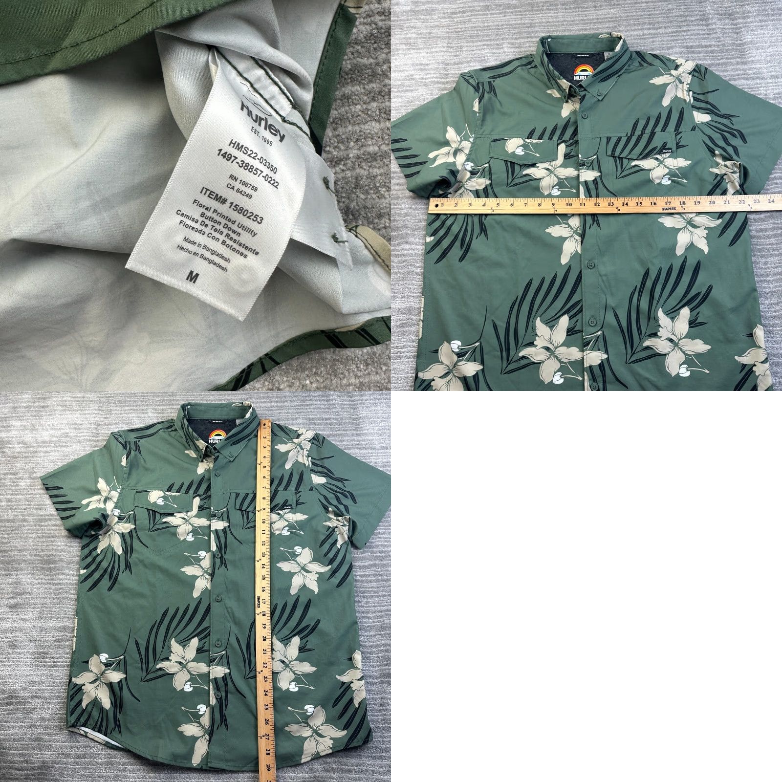 Hurley Hurley Shirt Mens Medium Green Floral Printed Utility Hawaiian Performance Size US M / EU 48-50 / 2 - 8 Thumbnail