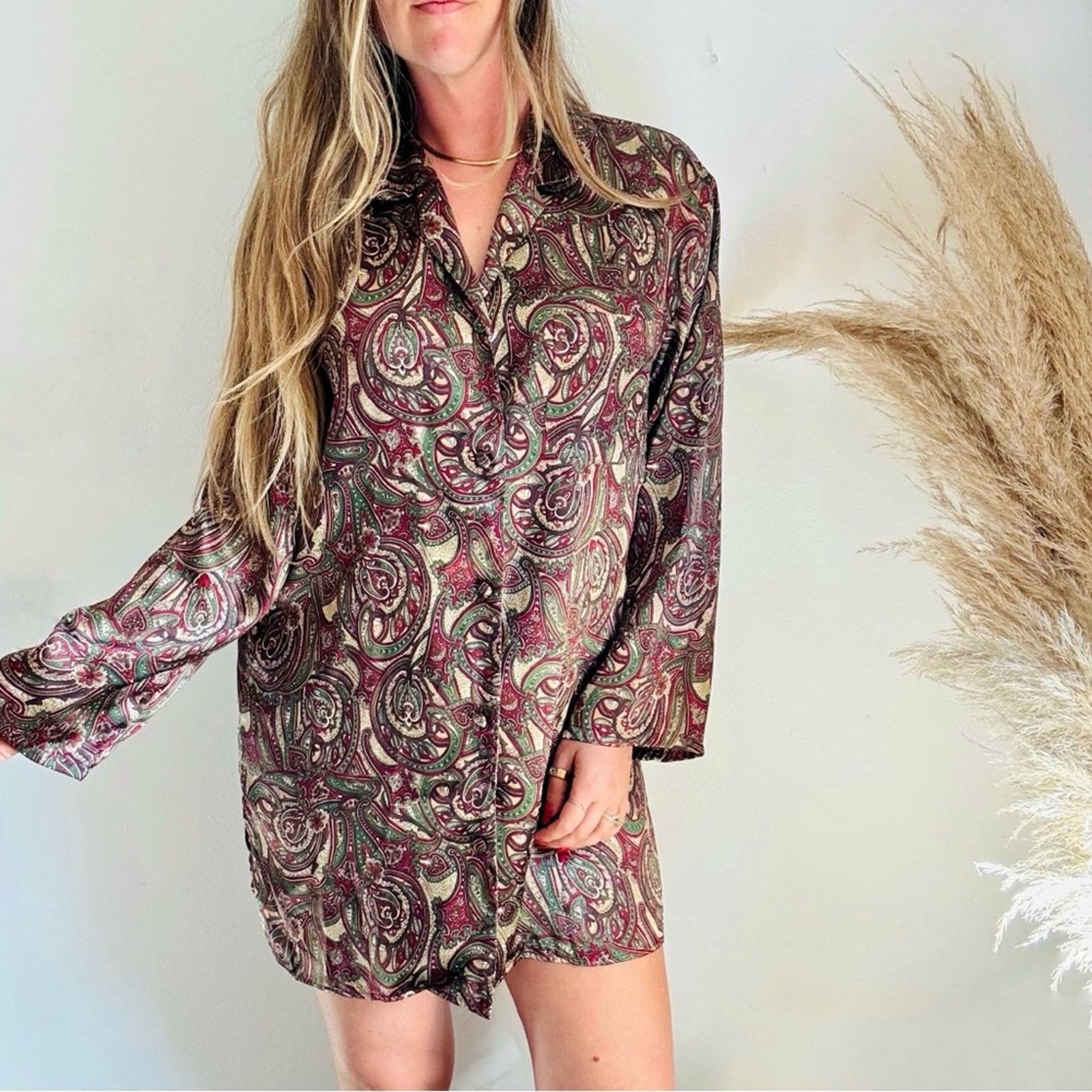 VINTAGE Silky Green Maroon Beige Paisley Print Shirt Dress M