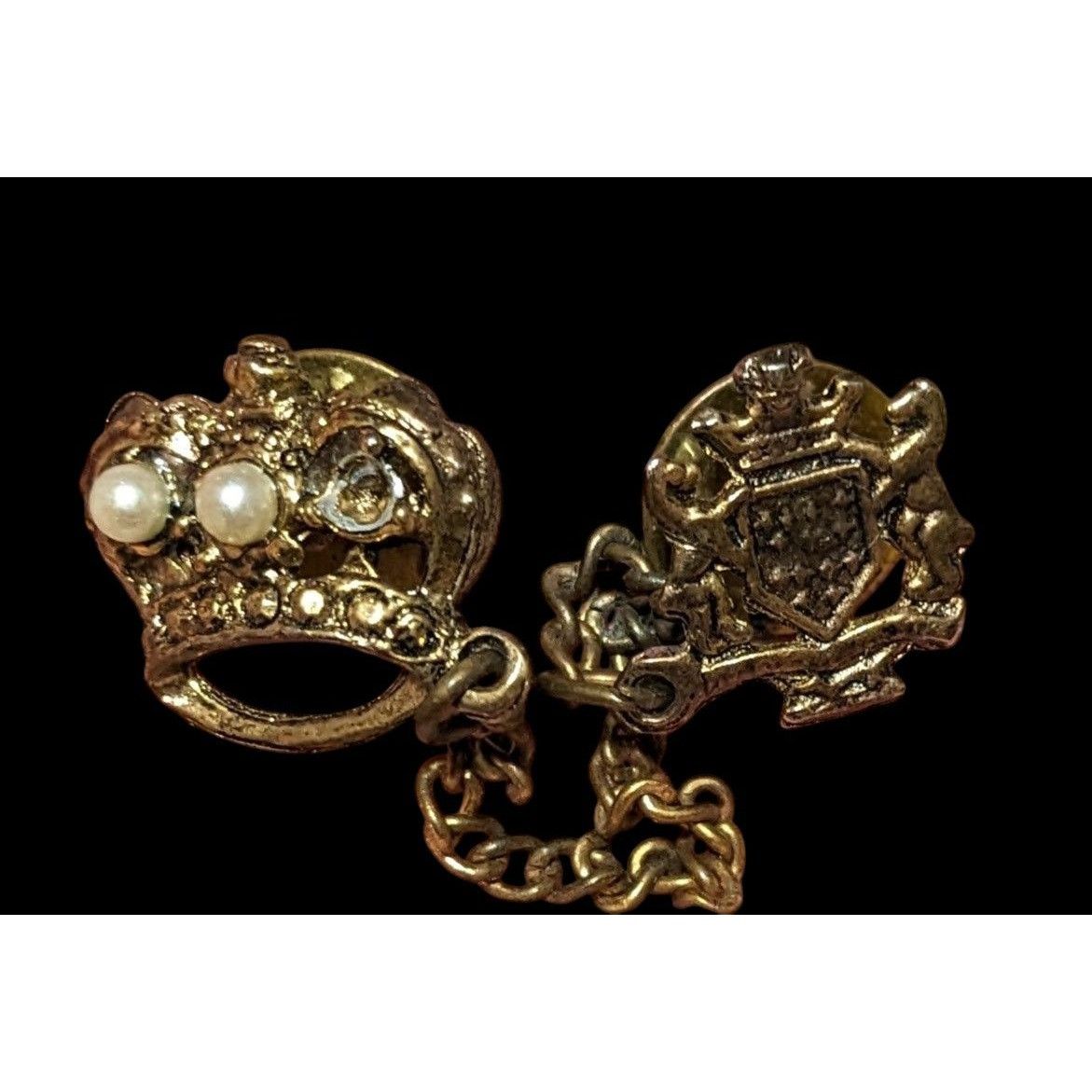 Other Vintage Crown And Crest Gold Tone Collar Pins With Chain Size ONE SIZE - 2 Thumbnail